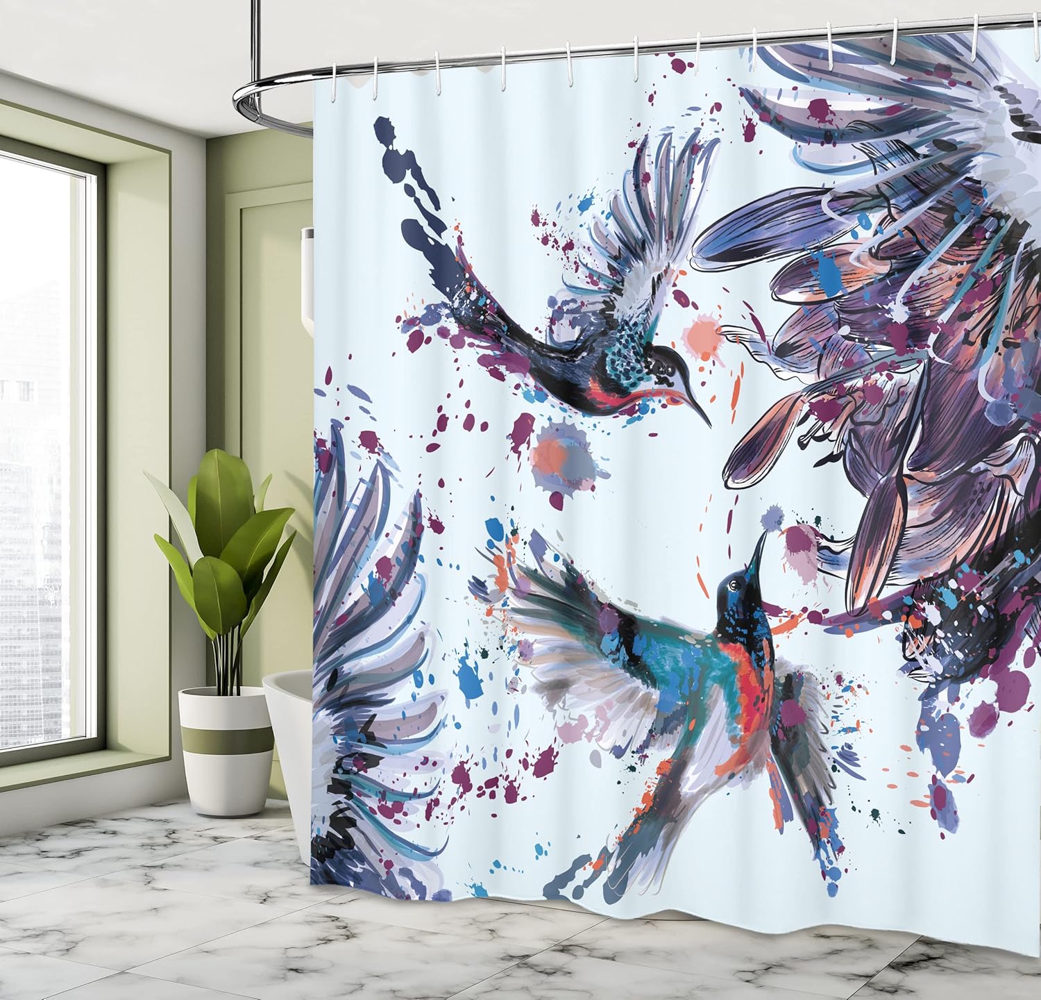 Ambesonne Hummingbird Shower Curtain, Art Lily Flowers Birds and Color Splashes in Watercolor Painting Style, Cloth Fabric Bathroom Decor Set with Hooks, 69" W x 70" L, Lavender Indigo