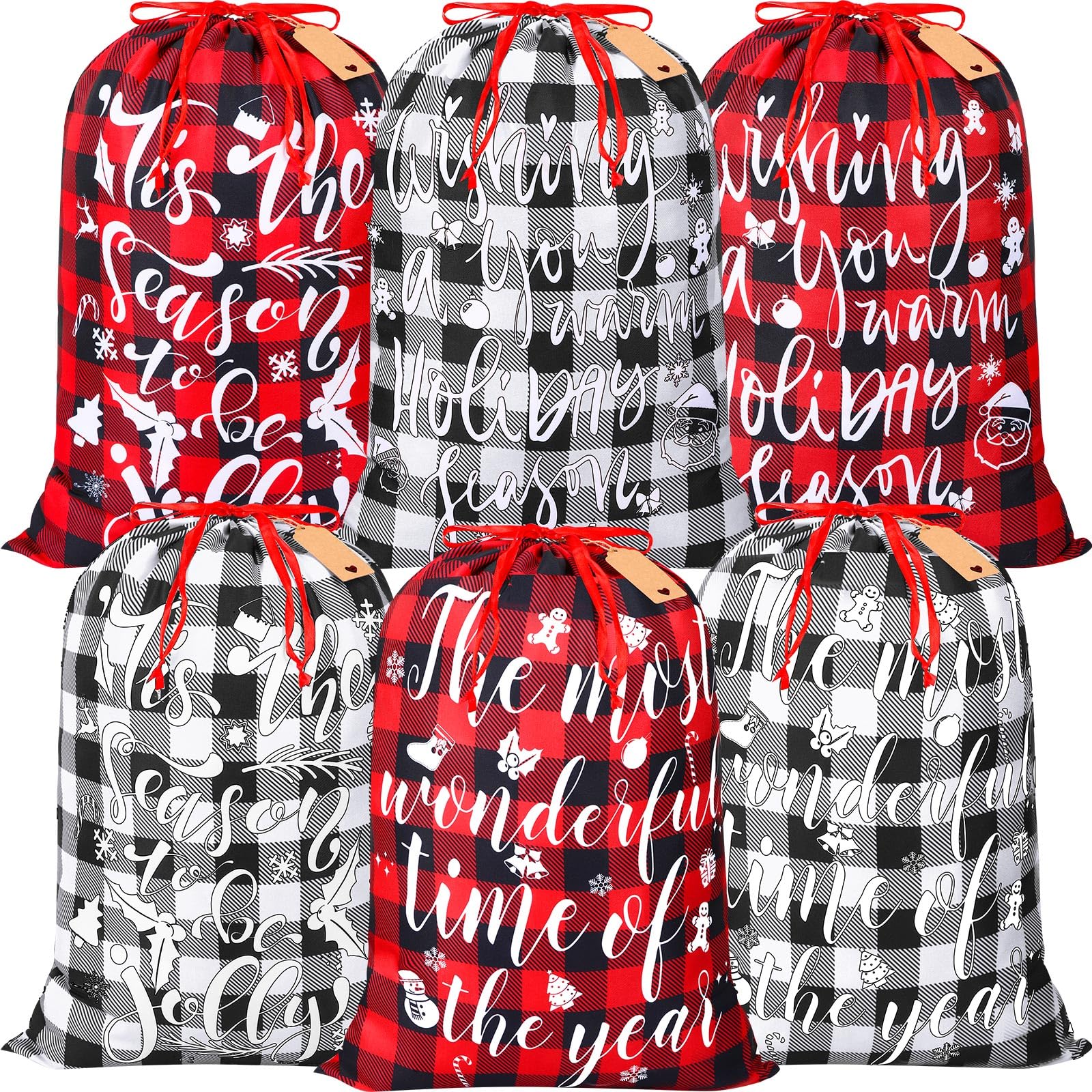 Aliceset 6 Pcs 20 x 28 In Christmas Buffalo Plaid Drawstring Bags with Tags Large Xmas Wrapping Bags Reusable Christmas Fabric sack for xmas Party