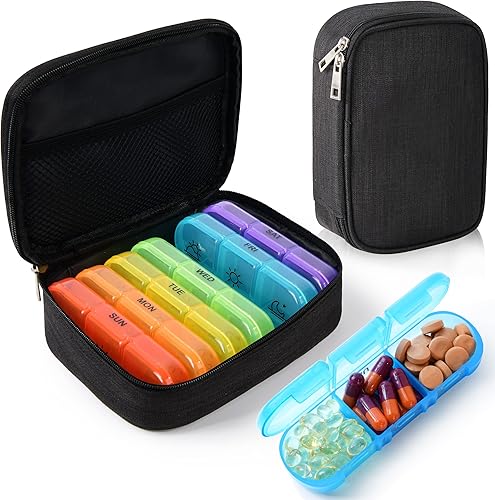 Miniatura 1 de Pastillero semanal 3 veces al día, pastillero de viaje portátil con recipientes separados para pastillas y bolsa de cuero, pastillero diario de gran