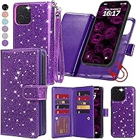 Vista 17 de Varikke Funda tipo cartera desmontable para iPhone 13 Pro Max con tarjetero para mujer, correa de cuero con purpurina a la moda, cartera magnética