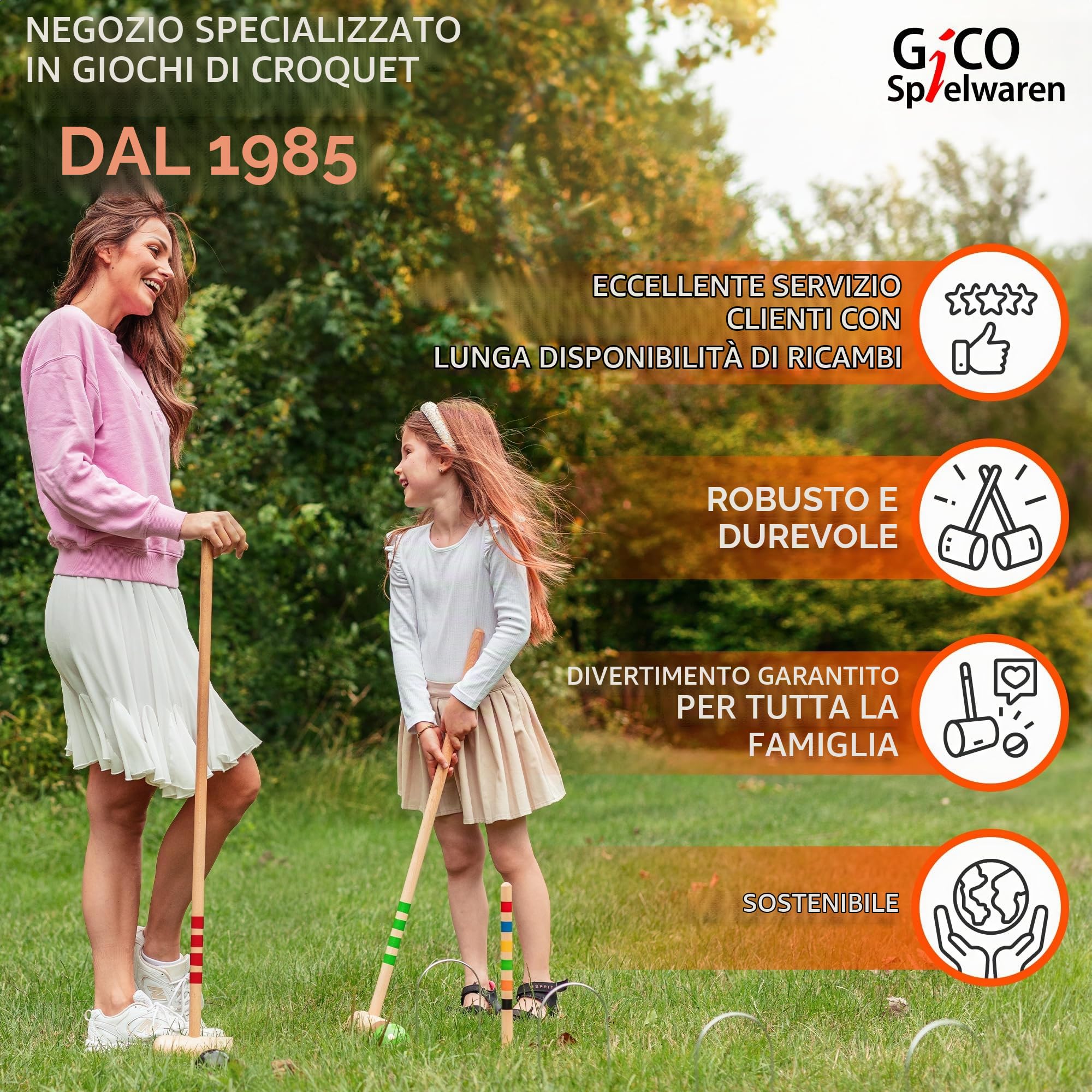 GICO Croquet Gioco Croquet di qualità in Legno di faggio per 4 Giocatori con Borsa per Il Trasporto. Divertimento all’ Aperto per Tutta la Famiglia. Prodotto in EU-3224