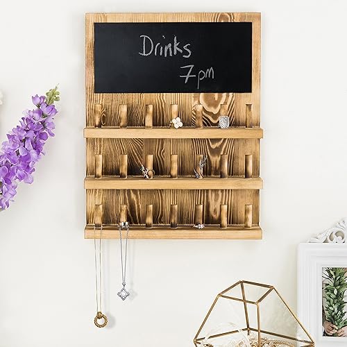 Miniatura 3 de MyGift Organizador de accesorios de joyería de madera montado en la pared de 3 niveles con pizarra, soporte de anillo de 21 clavijas