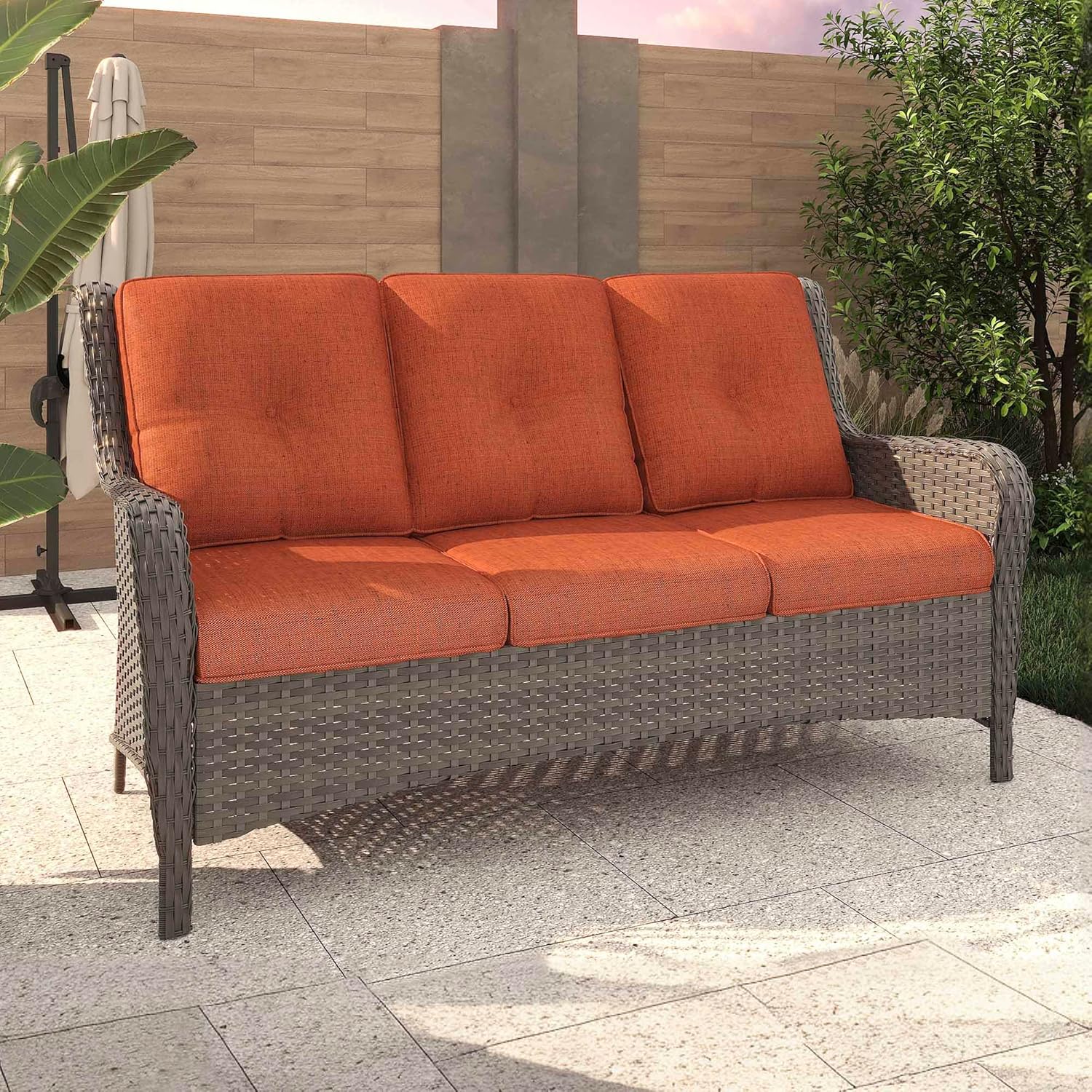 Patio Couch with High Back, 73" 3 Seats Outdoor Sofa, All Weather PE Wicker Couch with Waterproof Cushion for Porch, Backyard, Balcony, Deck