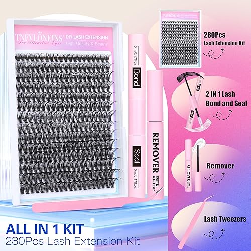 Miniatura 2 de TNFVLONEINS - Kit de extensiones de pestañas individuales, 280 unidades, rizo D, kit de extensión de pestañas de 0.35-0.63 pulgadas con unión y