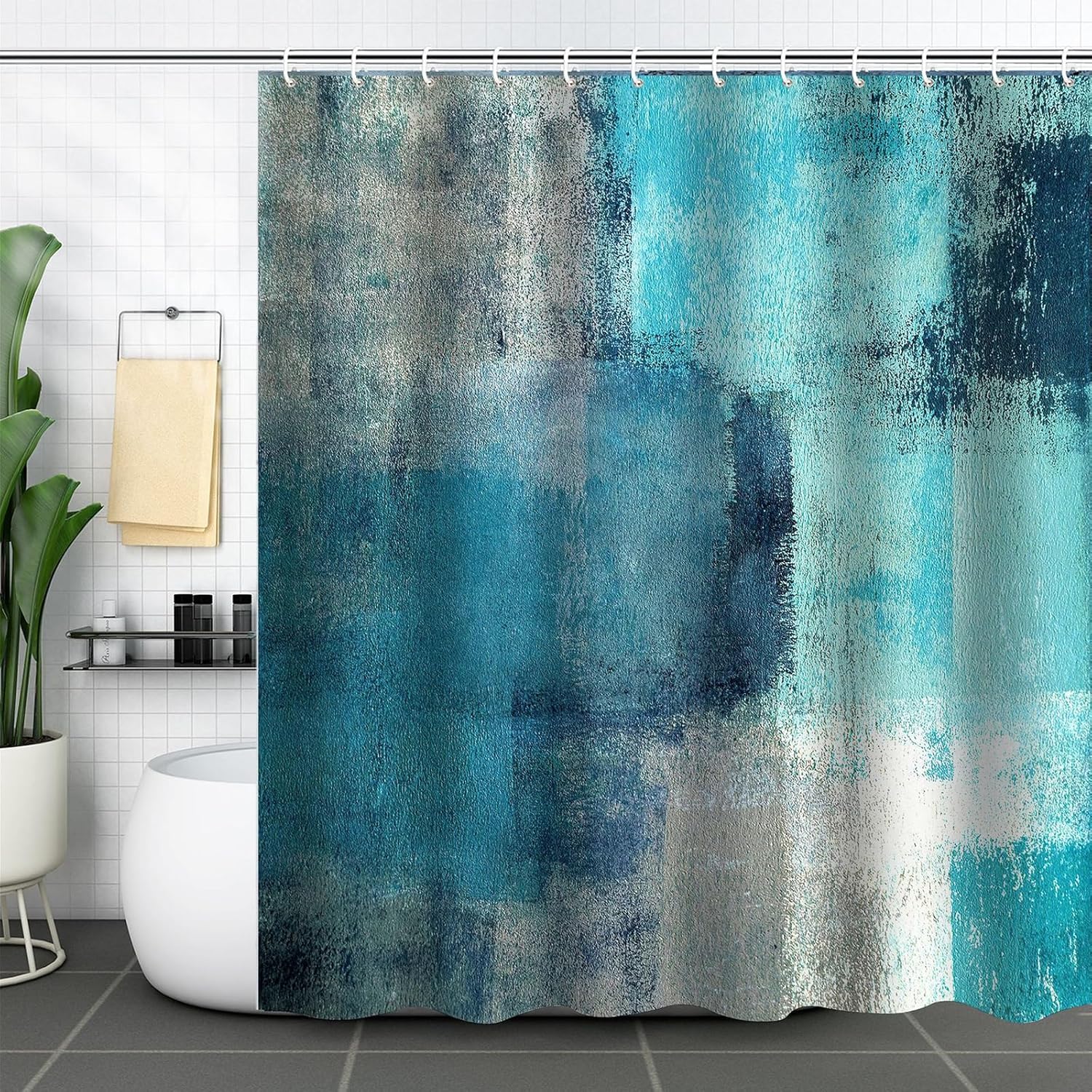 Teal Blue Shower Curtain, Turquoise and Grey Abstract Art Painting Shower Curtains for Bathroom Modern Waterproof Fabric Bathroom Curtains 72x72 Inch with 12 Plastic Hooks