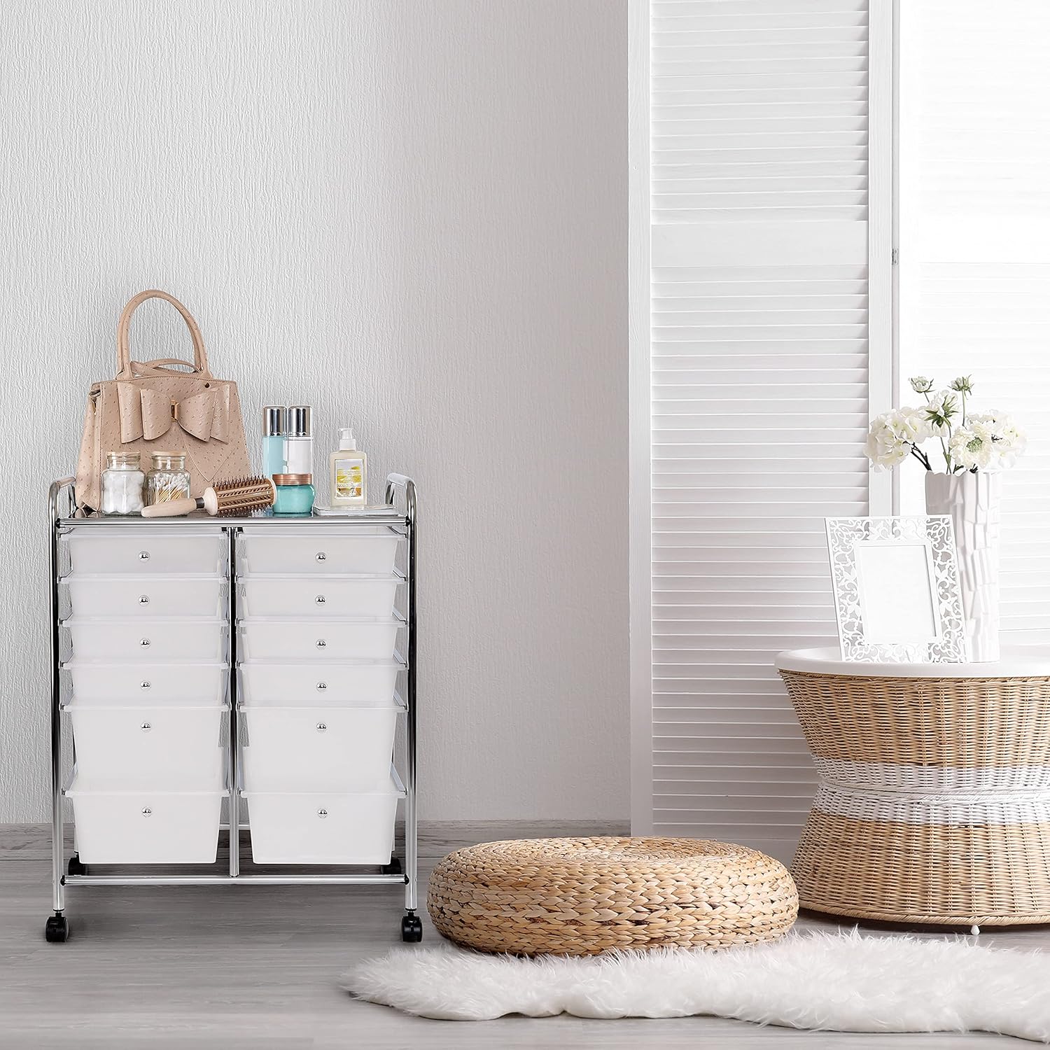 Seville Classics Rolling Utility Organizer Storage Cart, for Home Office, School, Classroom, Scrapbook, Hobby, Craft, 12 Drawer, Frost White