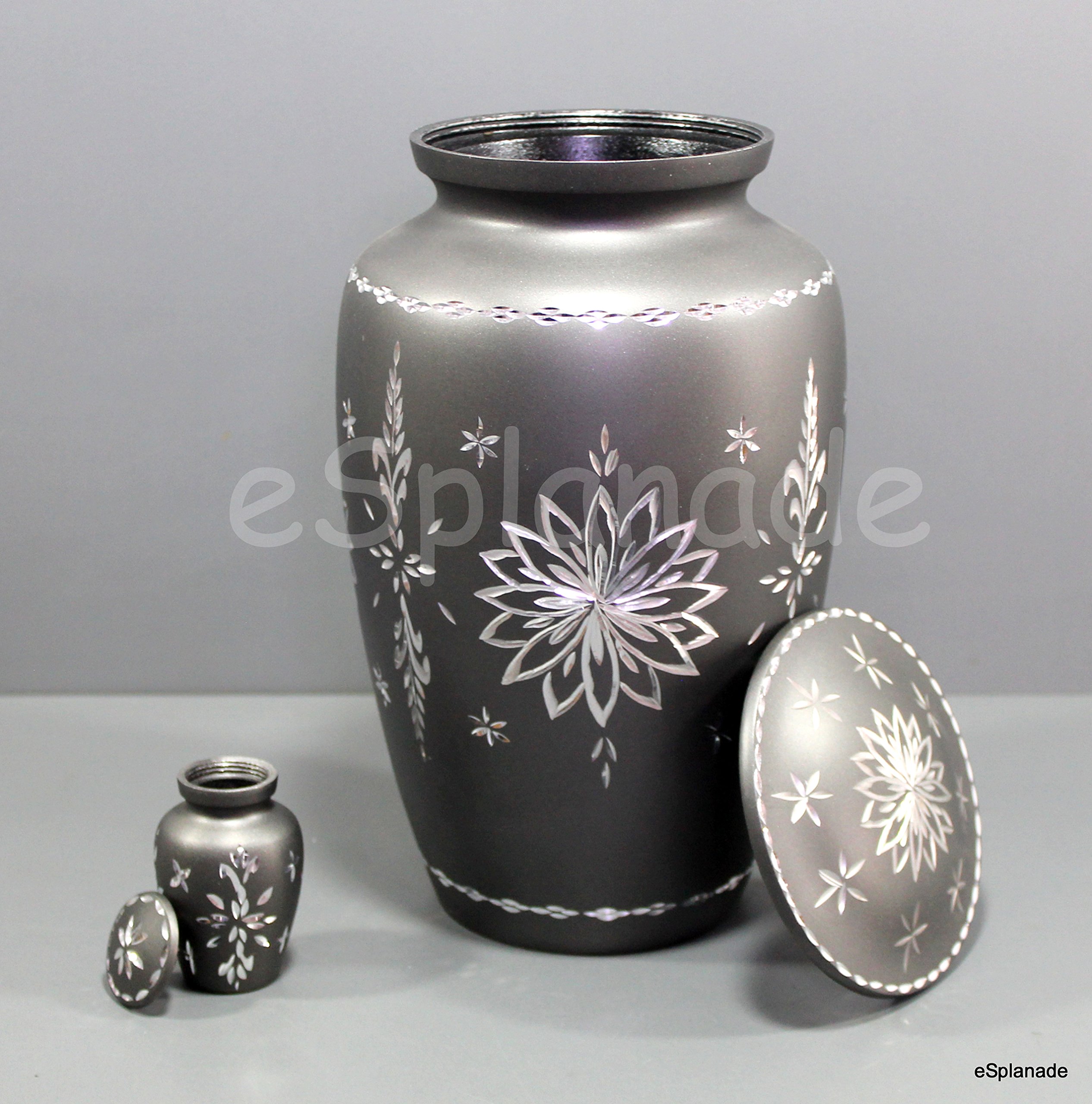 eSplanade Metal Cremation Urn Memorial Jar Pot Container with Keepsake | Full Size Carved Urn for Funeral Ashes Burial | Metal Urns | Grey - 10" Inches - Image 3