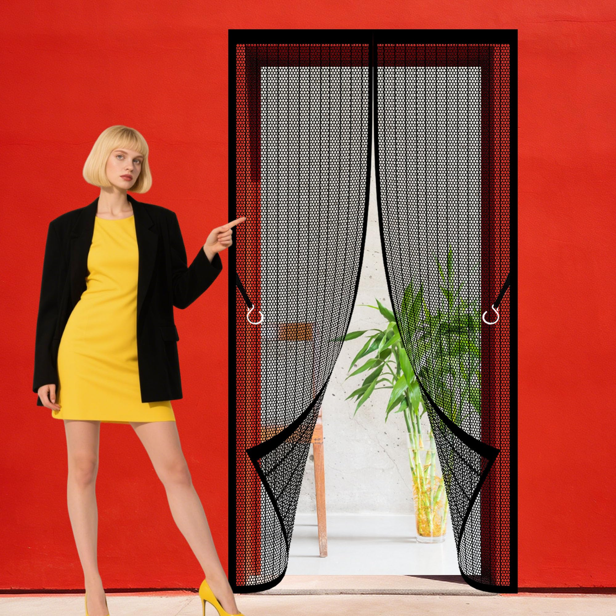 Fly Screen Door 92 x 214 cm Self Sealing Heavy Duty Fly Door Screen Mesh Powerful Magnets and Full Frame Magic Tape, No Drill Installation for Living Room, Bedroom, Patio, Black