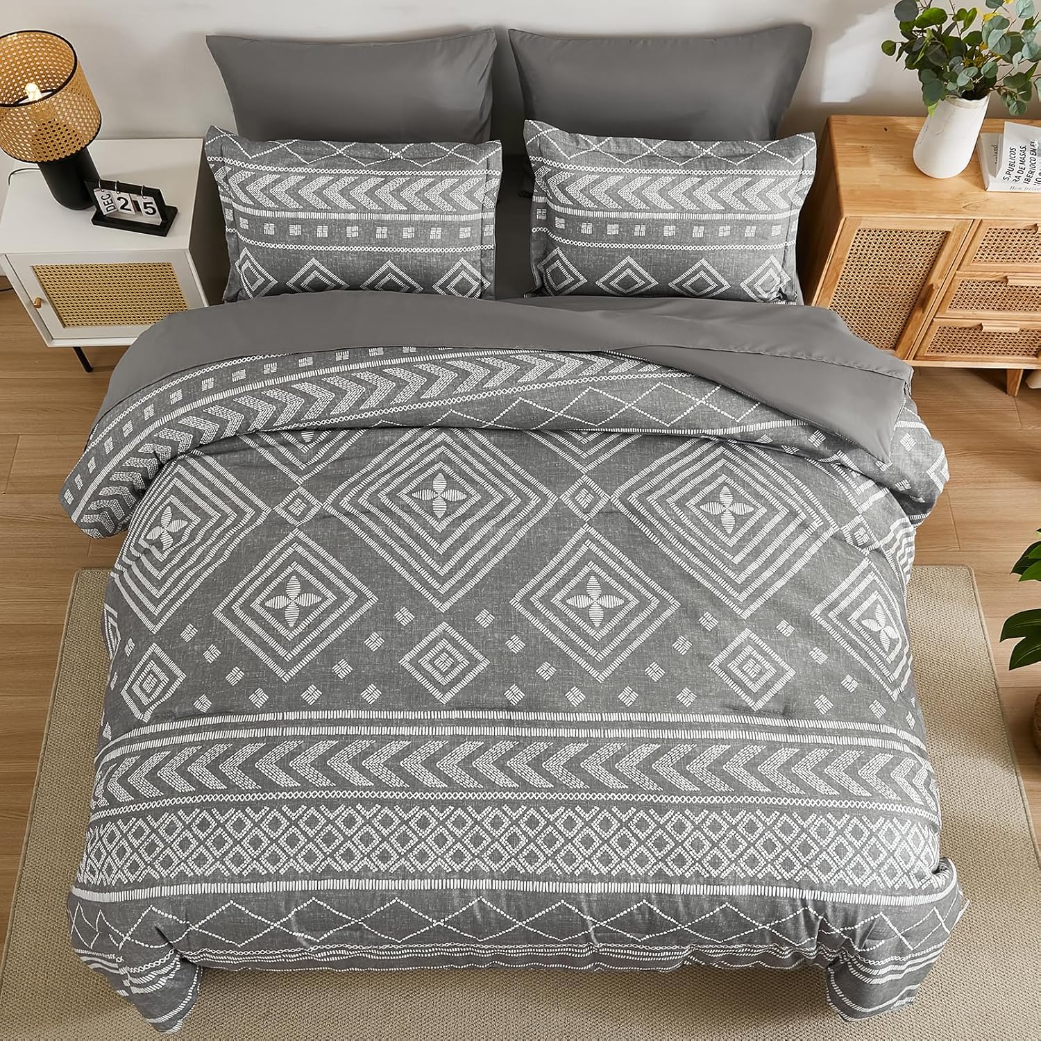 Yiran Boho Aztec Comforter Set Queen Size, Grey Comforter Bedding Set, 7 Piece Bed in a Bag, Soft Microfiber Bohemian Striped Complete Bedding Set with Sheets for All Season - Image 3
