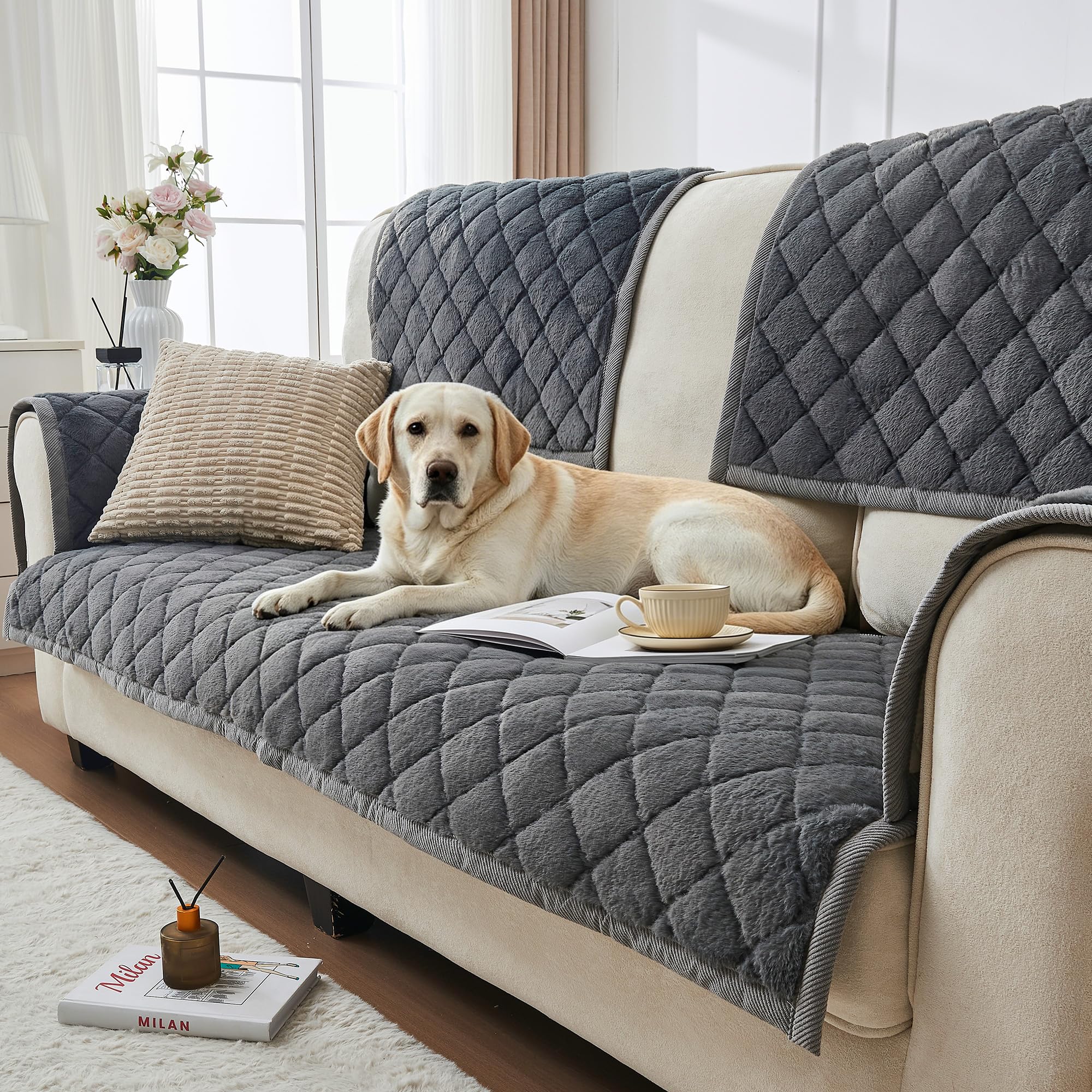beeweed Thick Sofa Cover, New Faux Mink Velvet Universal Sofa Slipcovers for 2/3/4 Seater, Non-Slip Washable Furniture Protector for Corner Couch, Sofa Cover (Dark Grey, 70x210cm)