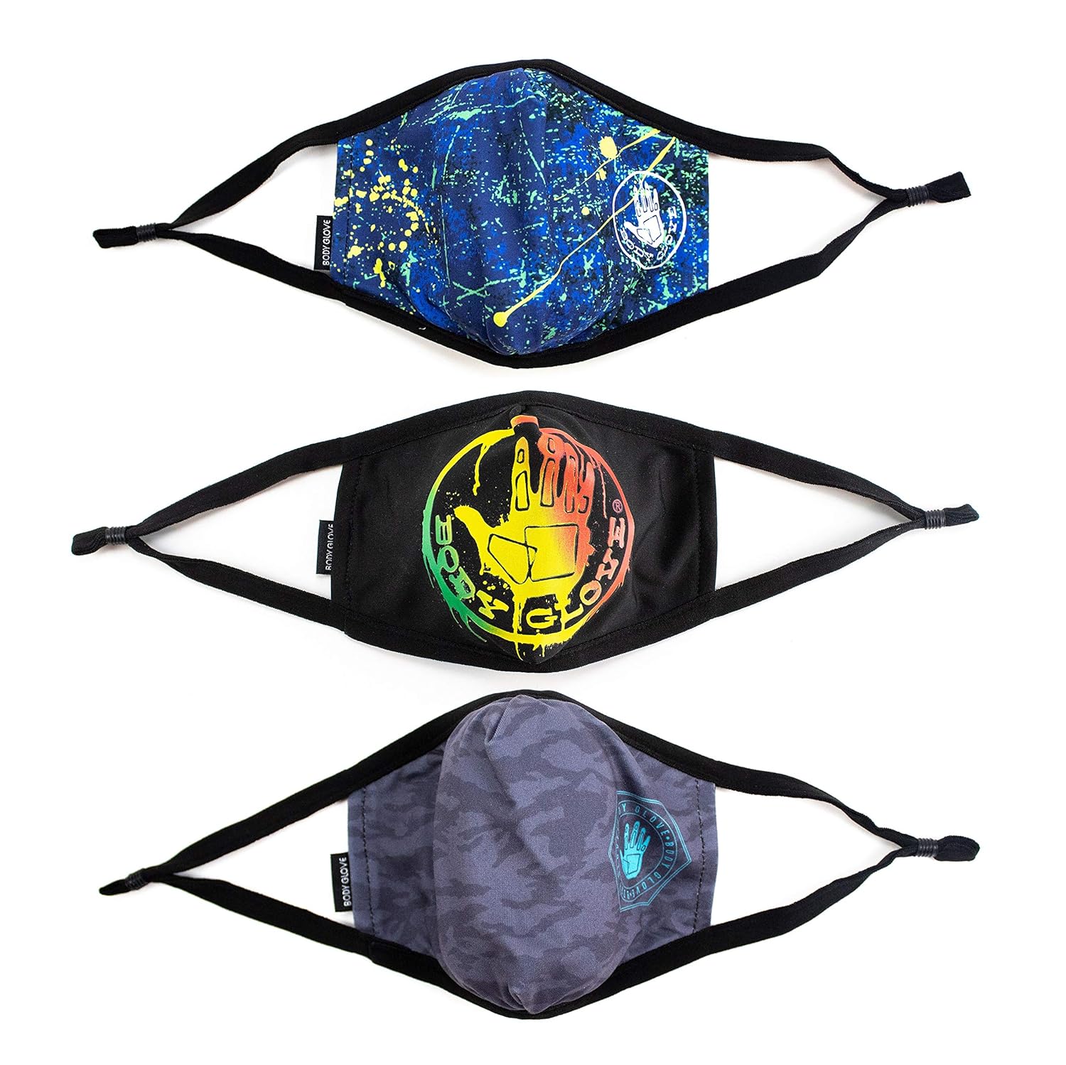 Body Glove 3-Piece Men's Reusable Breathable Face Mask Set- Blue, Black, Camo