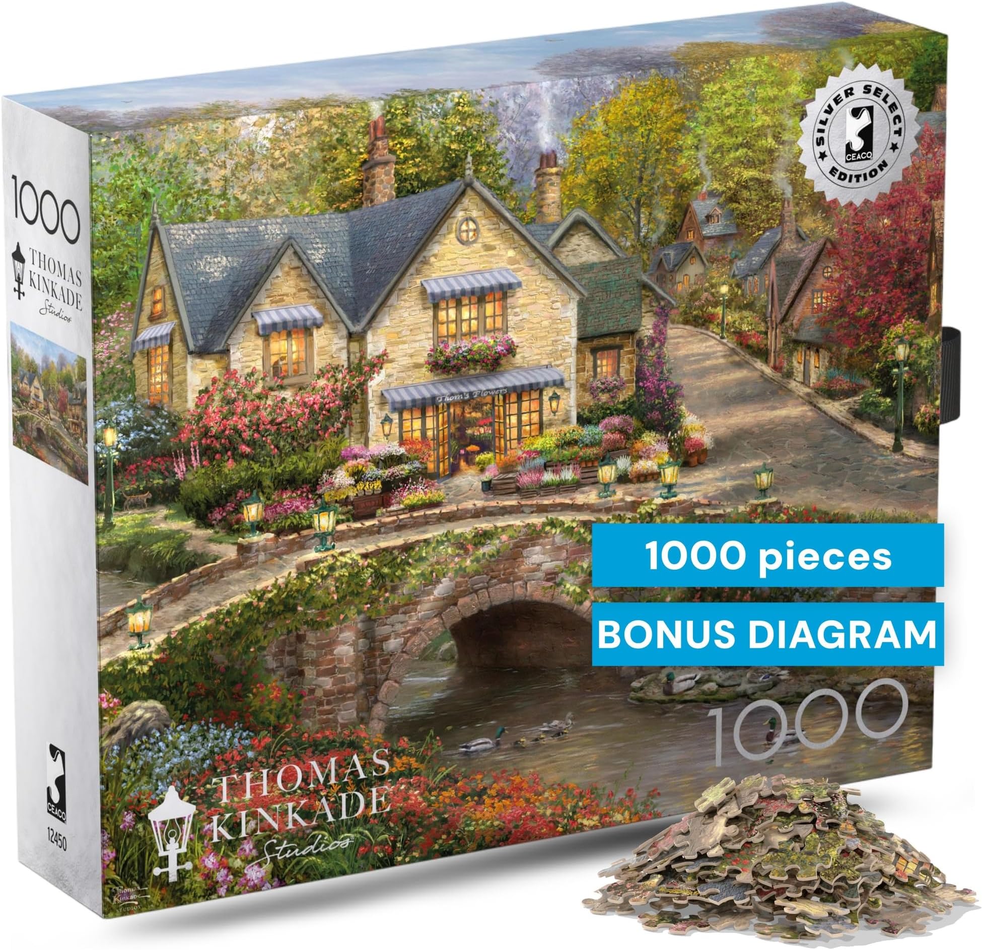 Ceaco - Silver Select - Thomas Kinkade - Summer in Cobblestone Village - 1000 Piece Jigsaw Puzzle for Adults Challenging Puzzle Perfect for Nights - Finished Size 26.75 x 19.75