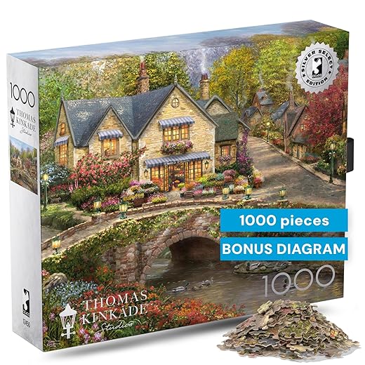 Buffalo Games Thomas Kinkade Summer in Cobblestone Village 1000 Piece Puzzle – Silver Select Premium Jigsaw Puzzle with Foil Accents & Reference Poster