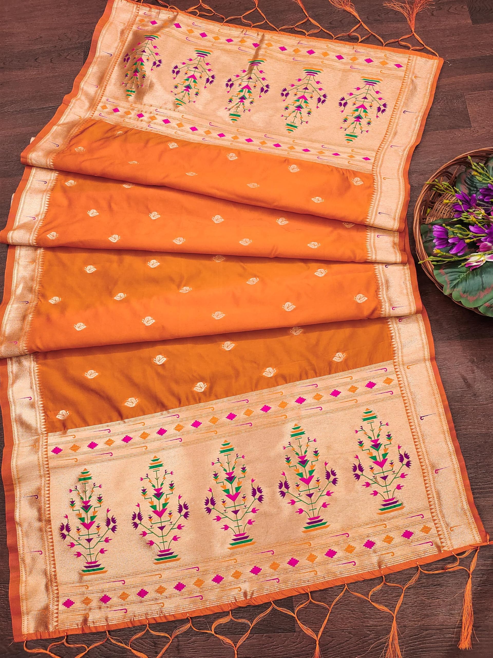 DEVANGI Women's Woven Paithani Banarasi Silk Dupatta/Chunni For Women, Floral Print 1 Meter Wide and 2.3 Meter Length Printed Designer Dupatta/Chunni For Girls(Orange) - Image 2 thumbnail