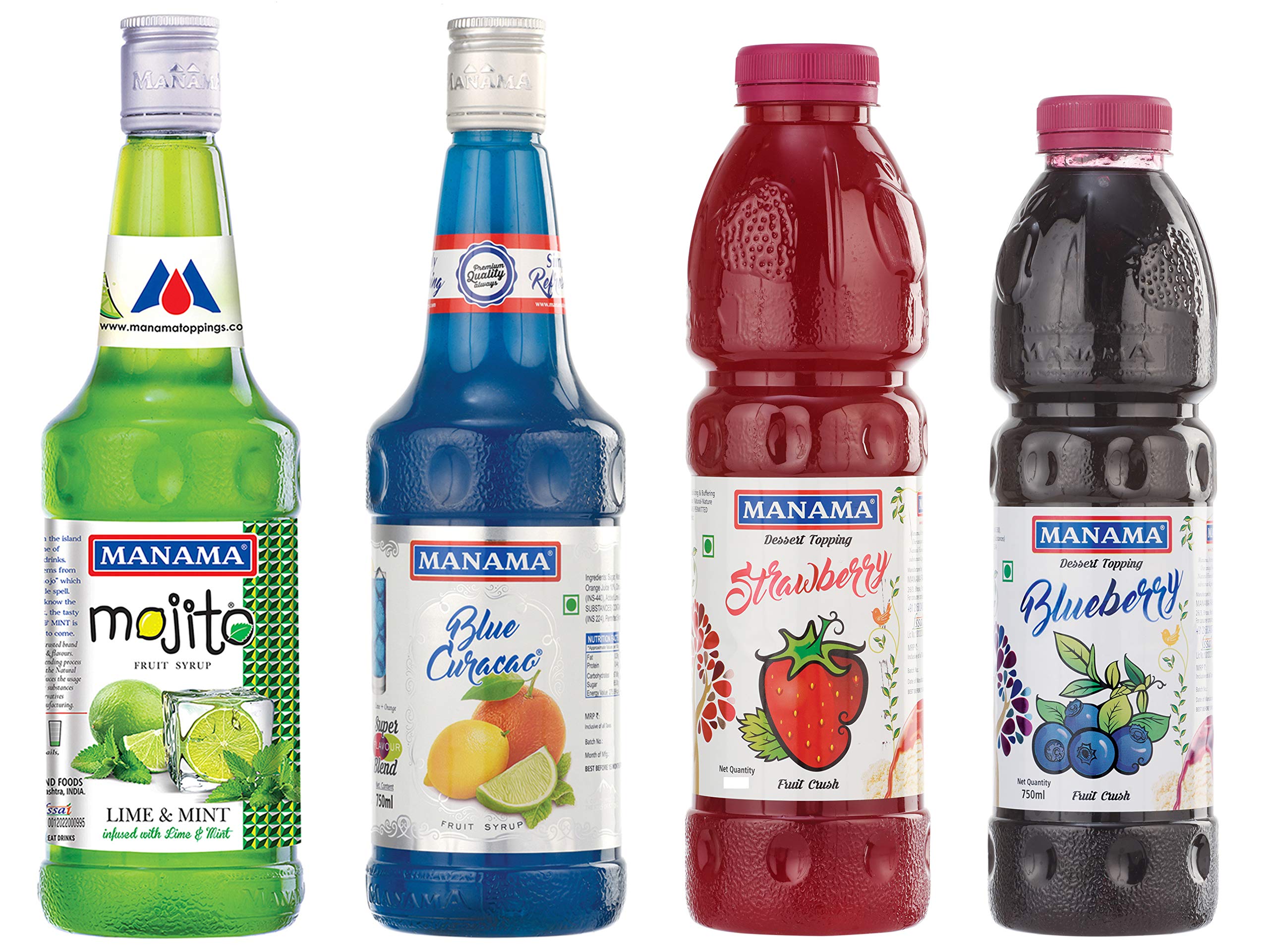 Manama Lime and Mint Mojito Syrup, Blue Curacao Syrup, Strawberry Crush (750ML) and Blueberry Crush (750ML Each), Pack of 4-image-38
