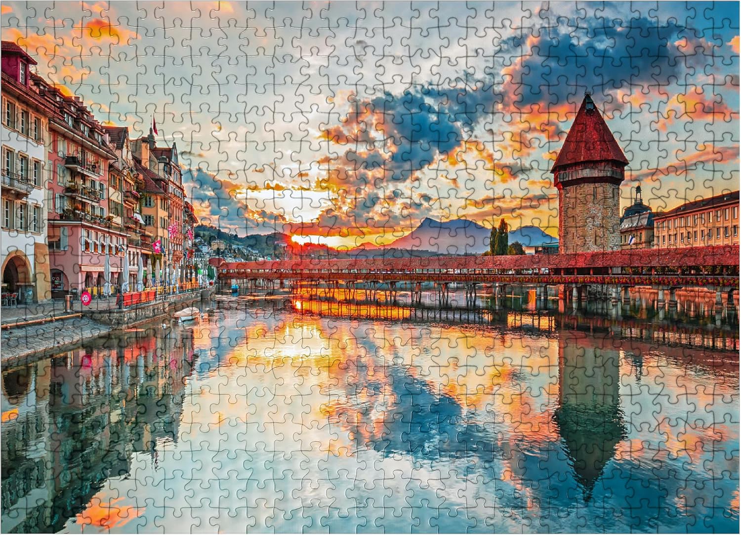 MyPuzzle Sunset in The Historical City Center of Lucerne with The Famous Chapel Bridge and Lake Lucerne, Canton Lucerne, Switzerland - Premium 1000 Piece Jigsaw Puzzle for Adults