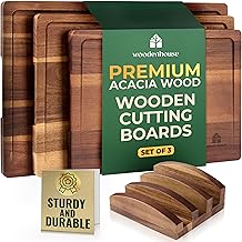 Acacia Wood Cutting Board Set of 3 with Holder, Juice Grooves & Built-in Handles - Durable, Wooden Cutting Boards for Kitchen, Perfect for Chopping, Food Prep and Serving as a Charcuterie