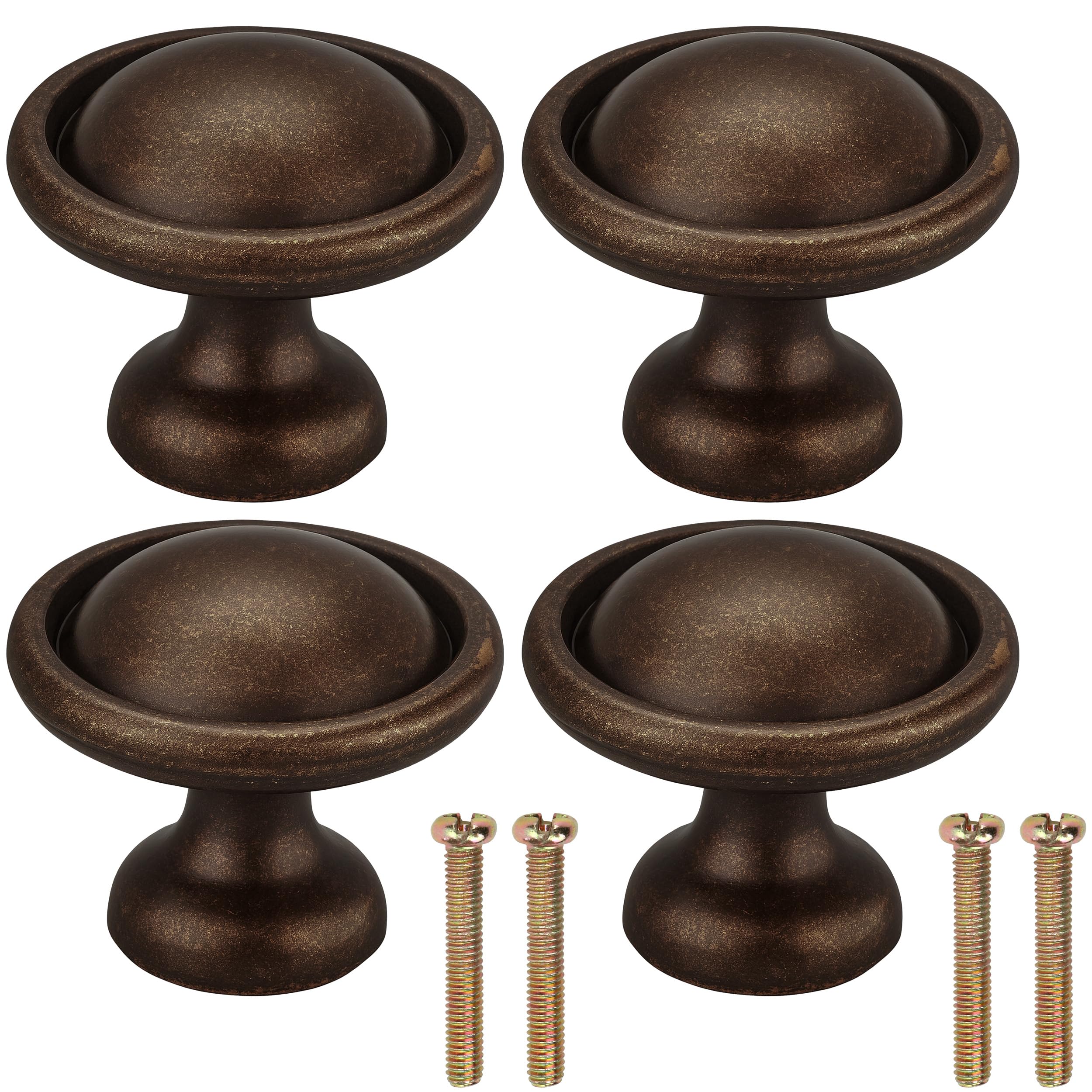4 PCS Antique Bronze Cabinet Knobs - Vintage Kitchen Retro Style Gold Brass Drawer Pull Drop Dresser Pulls Handles, Round 1.2" (30 mm) Diameter with Screws Single Hole Hardware for Furniture Cupboard