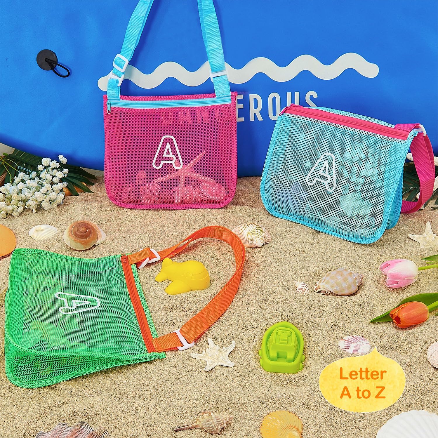 3Pcs Alphabet Printed Seashell Bags, Lightweight & Foldable Kids Beach Toy Mesh Bags with Adjustable Straps, Waterproof and Portable for Pool and Beach Essentials-M