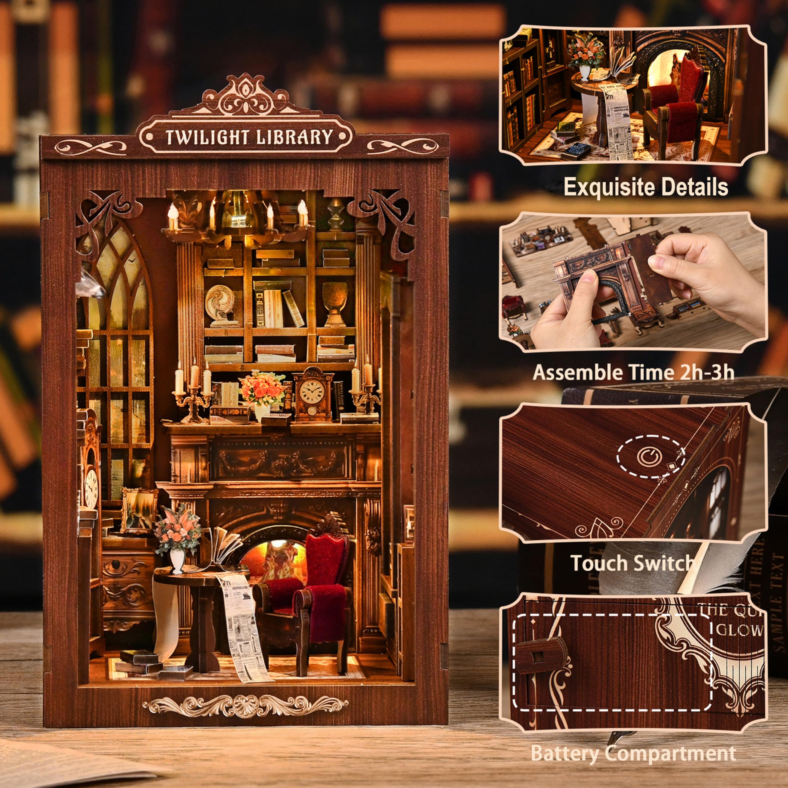 ISSEVE Kit per angolo del libro, kit fai da te in miniatura per adulti e principianti, mini kit per casa delle bambole, decorazione per libreria, puzzle in legno 3D per regali artigianali (biblioteca