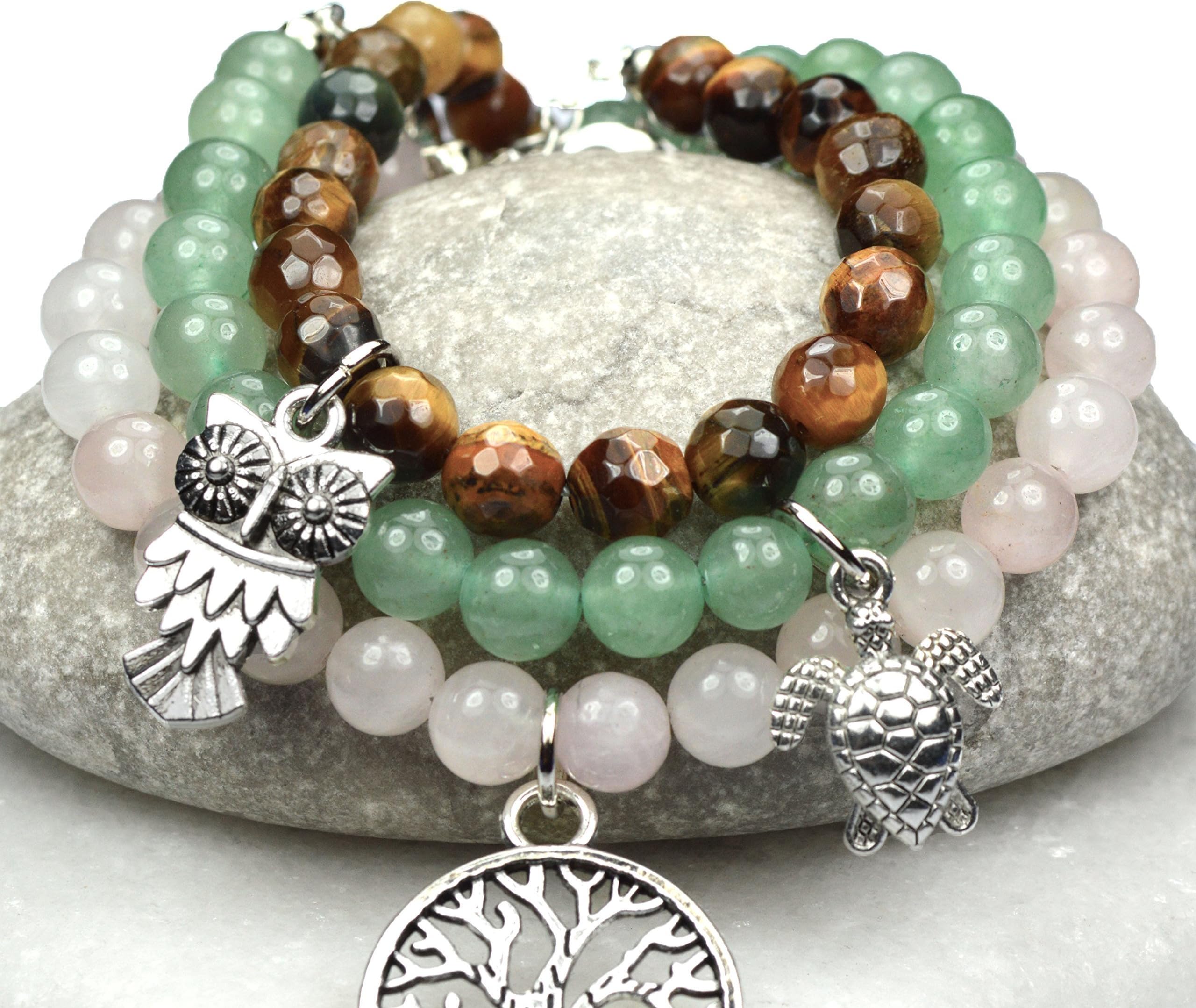 Crystal Healing for Stress Anxiety Depression Aventurine Tiger Eye Rose Quartz Natural Gemstone Semi Precious Stone Beaded Charm Bracelets