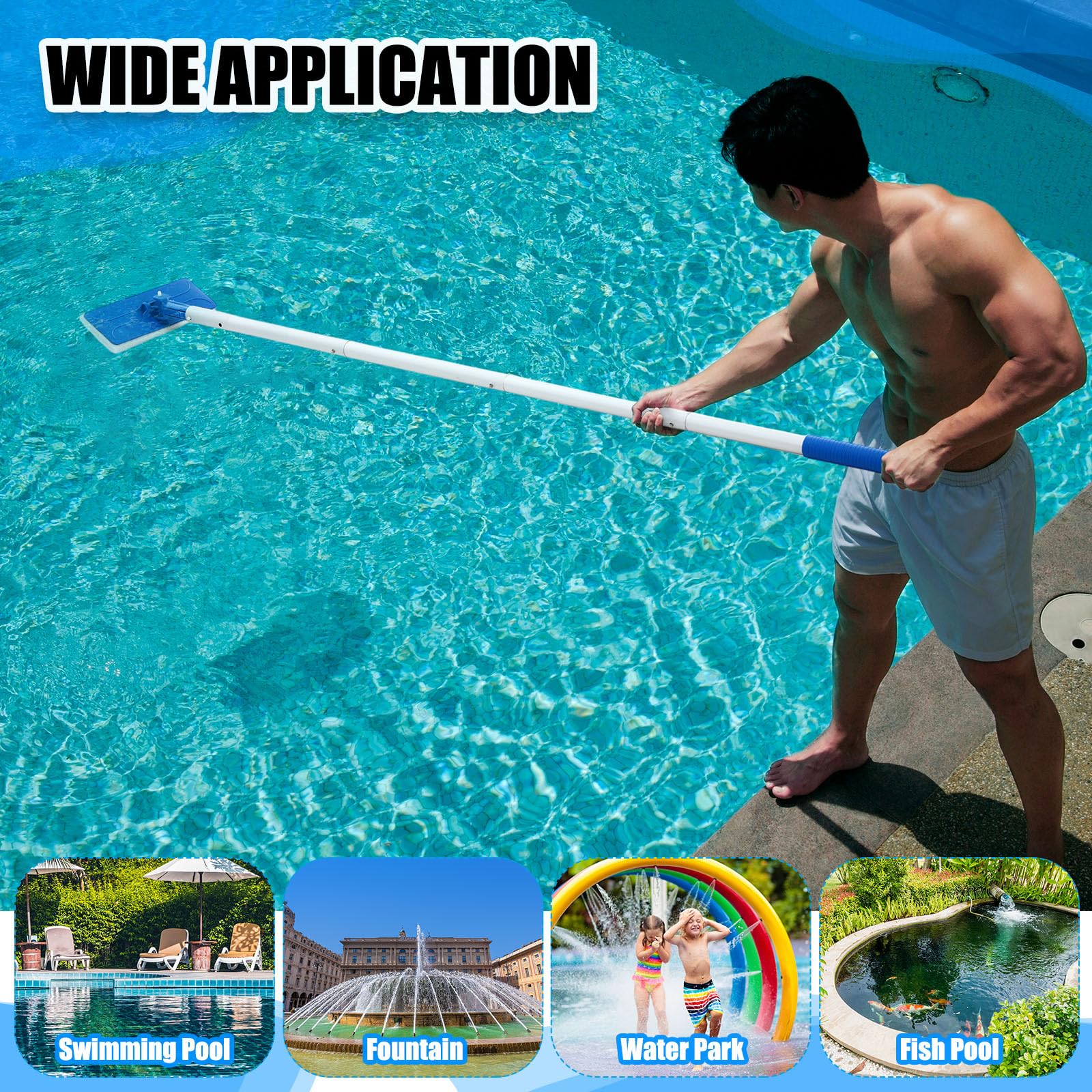Tioncy Kit de nettoyage de piscine 4 pièces comprenant une tête de brosse de piscine de 30 cm avec manche en aluminium de 119,4 cm, une brosse à récurer à la main et des éponges à récurer pour spa