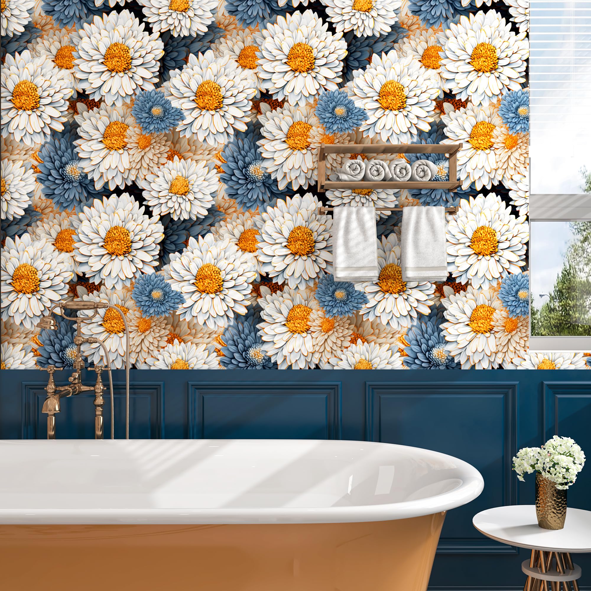 FunStick 44.5CMx9M Peel and Stick Wallpaper White Floral Kids Living Room Wallpaper Daisy Flowers Blue and White Vinyl Wrap for Kitchen Cupboards Vintage Floral Sticky Covering for Furniture Walls - Image 4