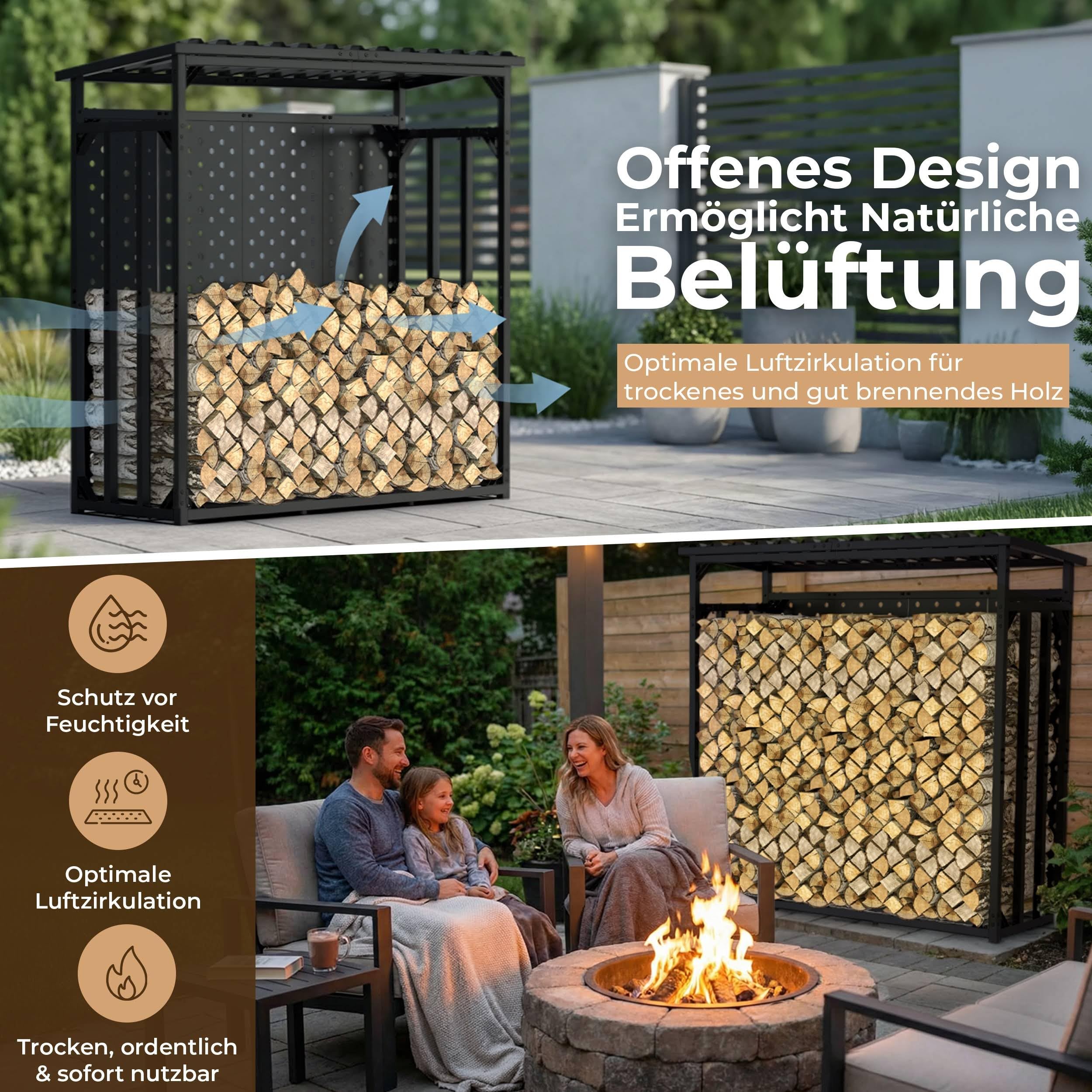 Kaminholzregal mit Rückwand außen 187x88x186 | verzinkt Metall Garten Holzregal Stapelhilfe mit Abdeckplane XXL Feuerholz Unterstand Metall Dach mit Wetterschutz