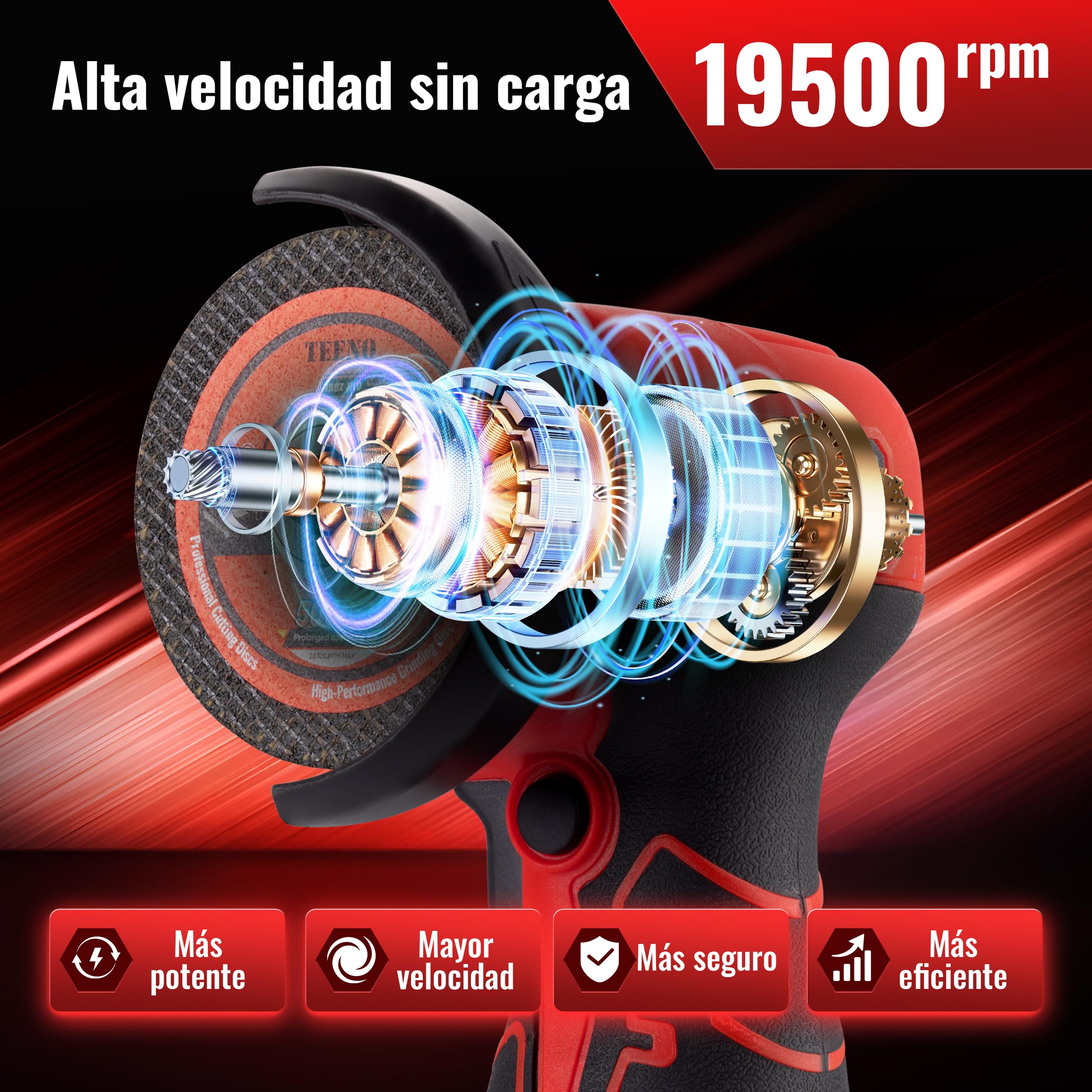 TEENO Mini Amoladora Angular Inalámbrica 16,8V, Radial de Batería 76 mm 19.500 RPM, Kit con 2 Baterías 2000 mAh, Cargador, 6 Discos y Maletín, para Cortar, Lijar y Pulir