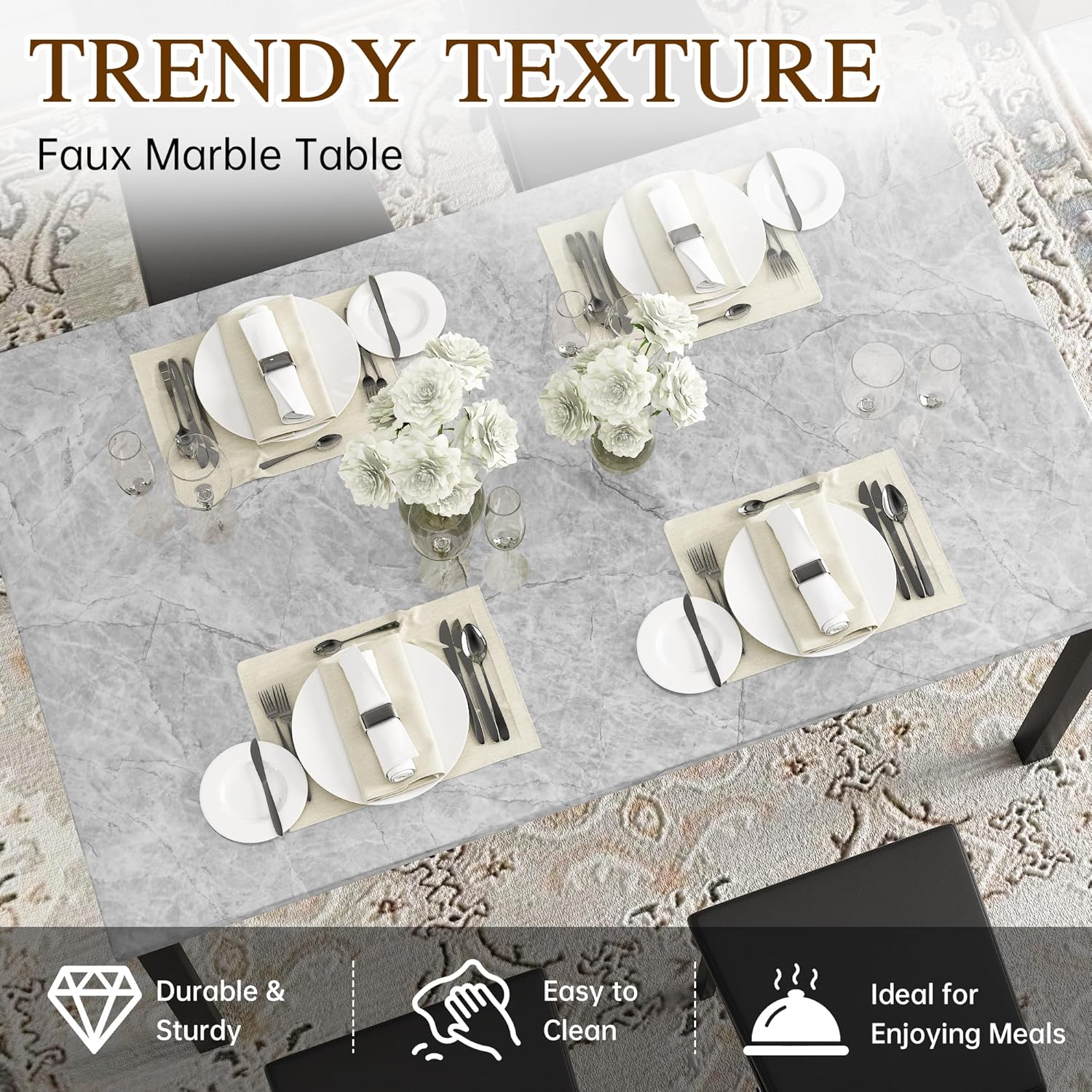 Close-up of the faux marble tabletop, highlighting its trendy texture and ease of cleaning.