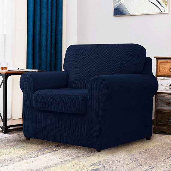 CHUN YI Two Armchair Sofa Slipcovers Bundles Large Couch Cover with Separate Backrests and Cushions, Checks Spandex Jacquard Fabric(Dark Blue)