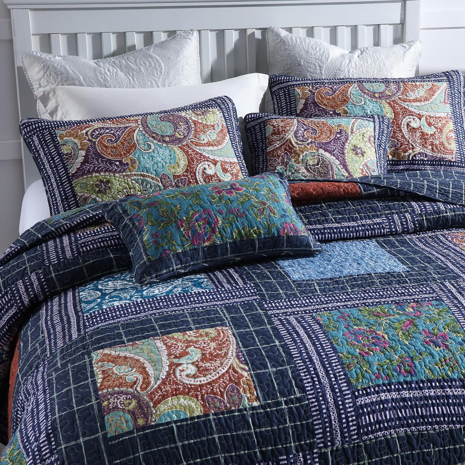 King Quilt Sets, 100% Cotton Quilts King Size, Navy Bedspreads, Patchwork with Retro Paisley Patterns, 3-Piece Lightweight Bedding Coverlet for All Season (1 Quilt + 2 Pillow Shams) - Image 5