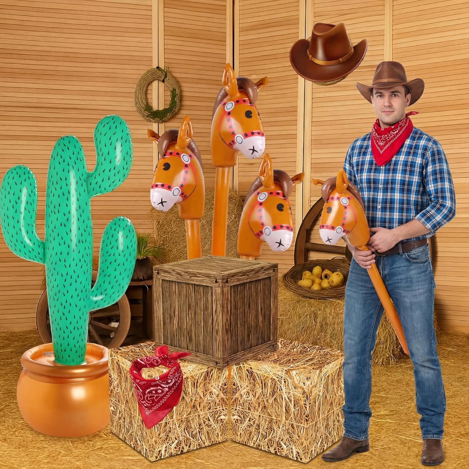 12 Pcs Western Cowboy Party Decor Inflatable Horse Head Stick Balloons Blow up Cactus Decor Hay Bales Boxes Wood Grain Boxes Card Hat Scarf for Fiesta Theme Decorations Wild West