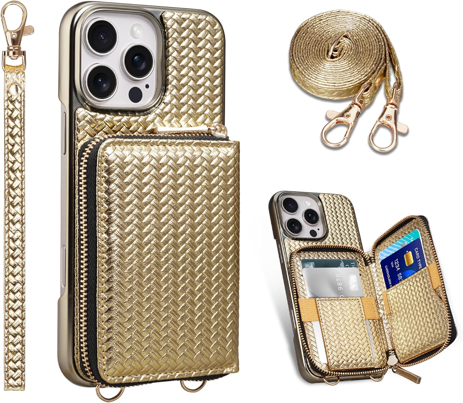 Keallce Wallet Case for iPhone 16 Pro Max 6.9", Crossbody Zipper Purse with Wristlet Strap, RFID Blocking Card Holder Kickstand, Woven Leather Case Electroplating Process for Women (Gold)