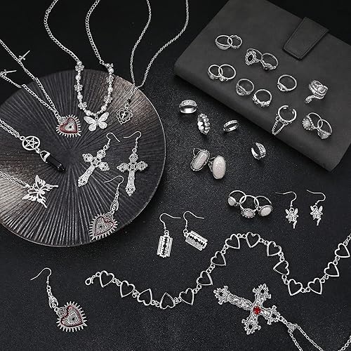 Miniatura 5 de Subiceto Juego de 33 piezas de collar punk vintage estilo grunge, aretes góticos, mariposa de hada, bohemio, cristal Y2K, cruz Y2K, gargantilla
