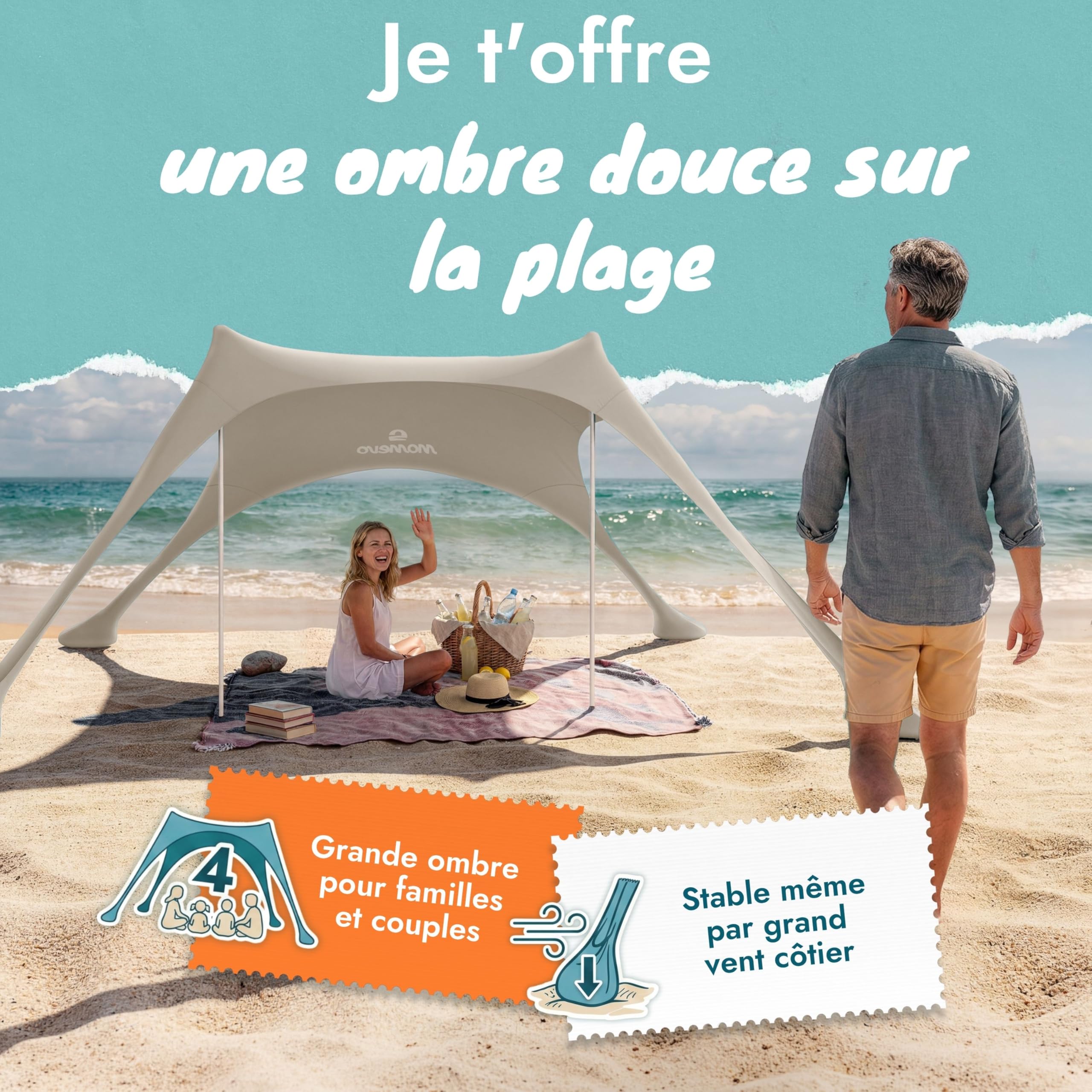 Tente de plage avec voile d’ombrage – Abri de plage avec protection UV UPF50+, stable au vent et léger, tente de plage nouvelle génération (2 barres, Sable)
