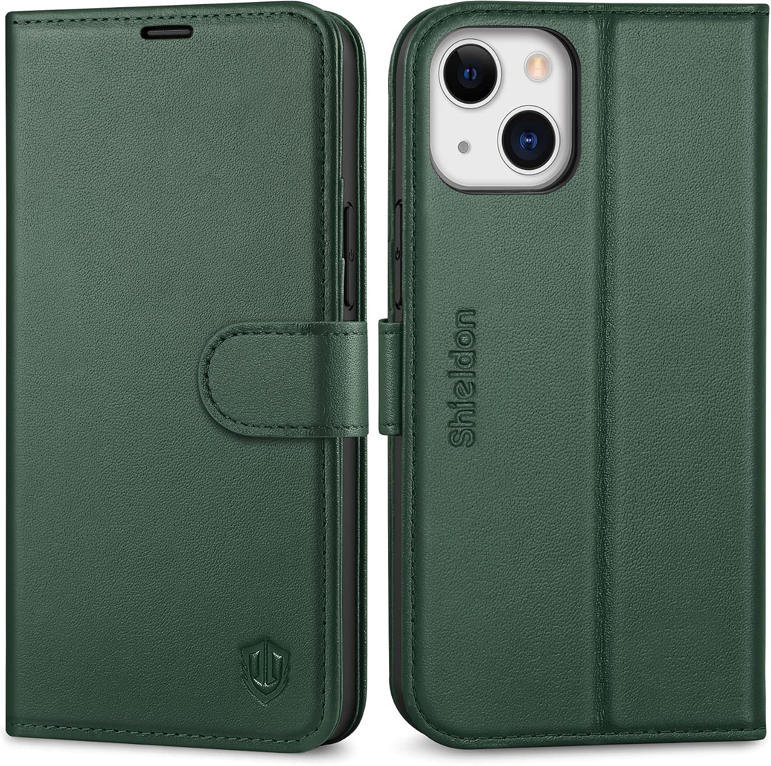 SHIELDON Case for iPhone 13 Mini Genuine Leather Wallet Flip Magnetic Cover RFID Blocking Card Slots Kickstand TPU Shockproof Case Compatible with iPhone 13 Mini 5G (5.4 Inch, 2021) - Midnight Green
