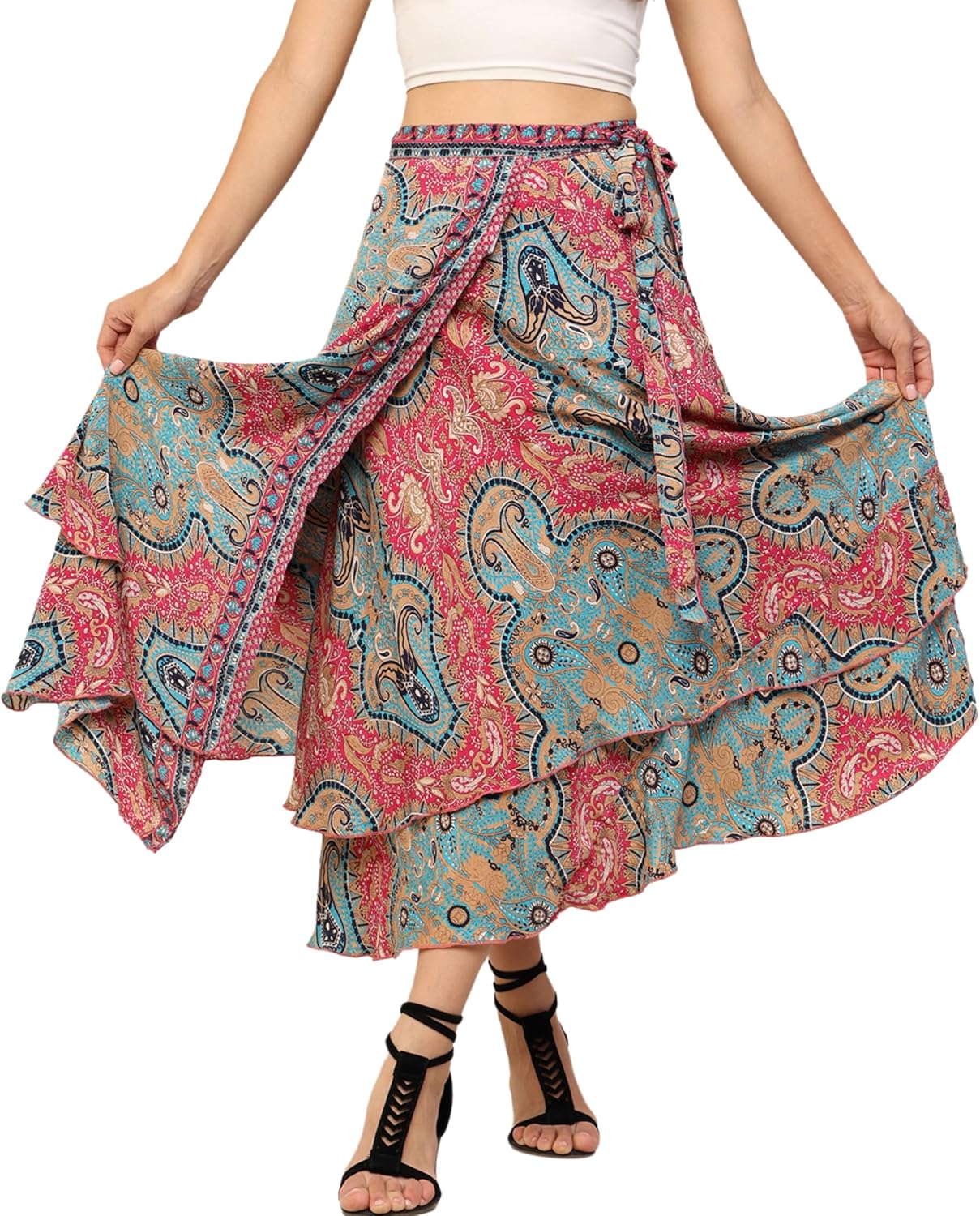 KE KANHA EXPORTS Women Long Flared Skirt | Multi Styling Wrap Skirt for Woman Halter Dress Boho Maxi Dress | Soft Silky Ethnic Print