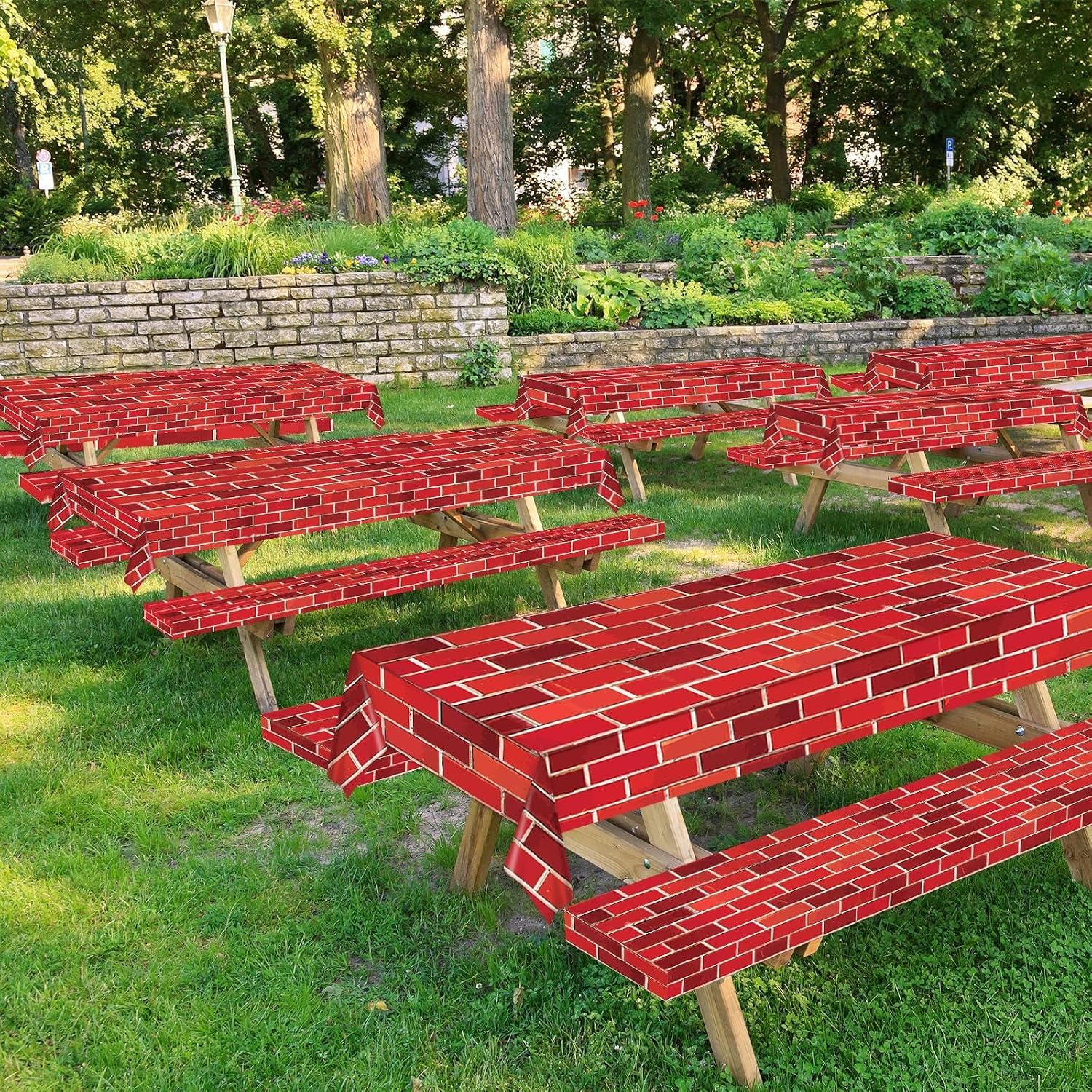 Red Brick Wall Backdrop Tablecloth Decoration 52 In x 100 Ft Red Brick Wrapping Party Table Cloths Roll Halloween Party Plastic Table Cover for Halloween Christmas Parties and Celebration Supplies