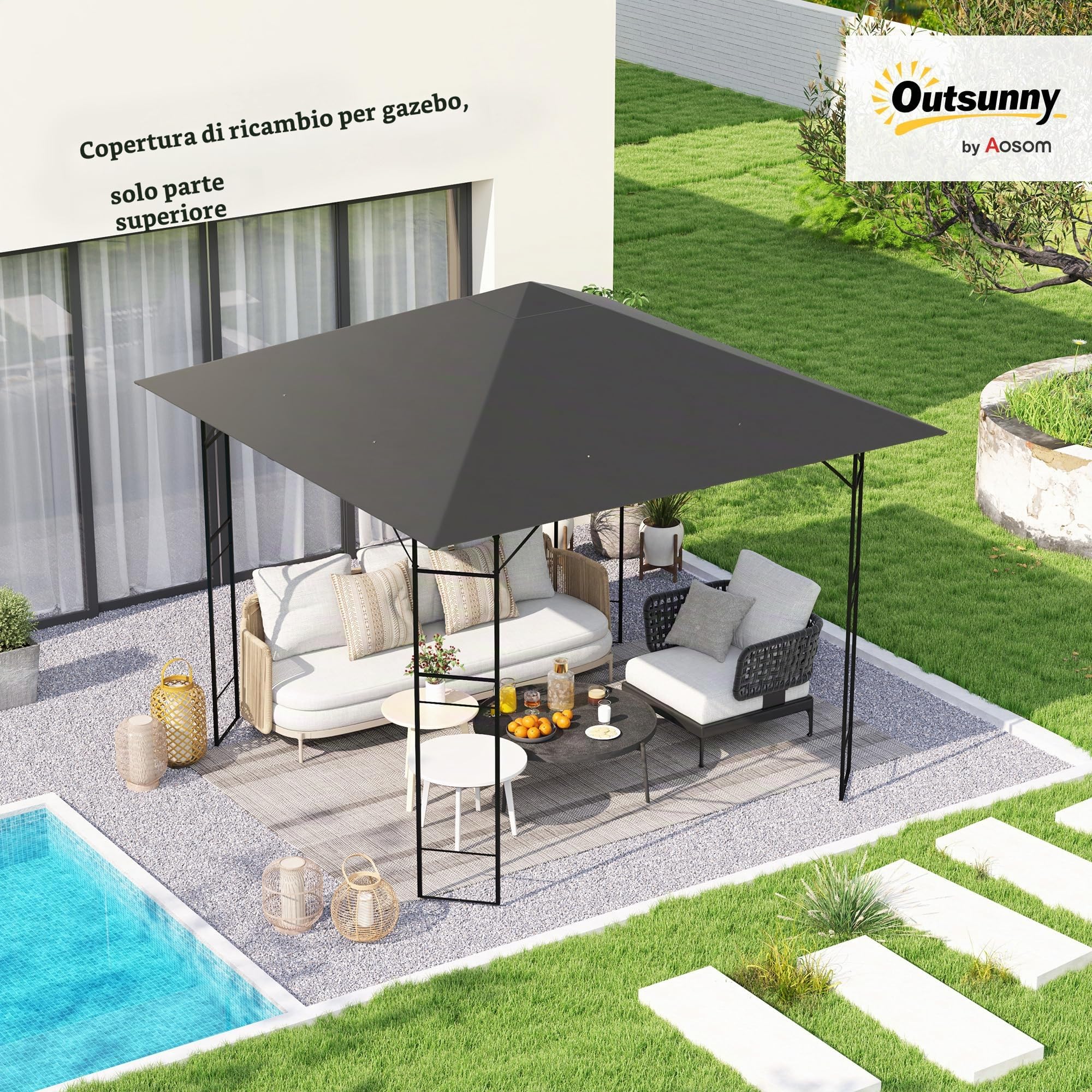 Outsunny Tettoia di ricambio per gazebo 3 x 3 m idrorepellente Tettoia per gazebo UPF30+ Rivestimento di ricambio per gazebo da giardino Ricambi in tessuto Oxford, 370 g/m², grigio | TETTO GAZEBO RICAMBIO PER GAZEBO GIARDINO RICAMBI IN TESSUTO OXFORD 370g