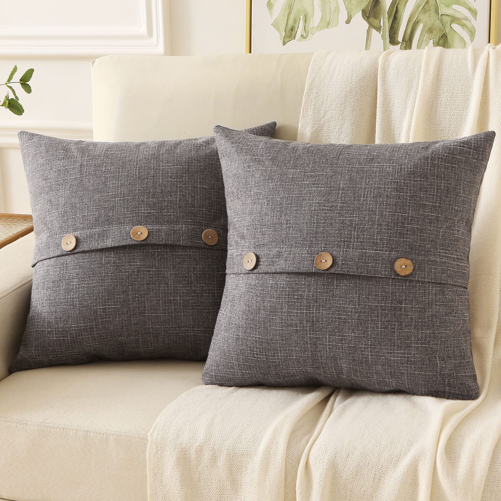 HAUSSY Dark Grey Linen Decorative Throw Pillow Covers 16x16 Inch Set of 2,Square Cushion Case with 3 Vintage Buttons,Modern Farmhouse Home Decor for Couch,Bed