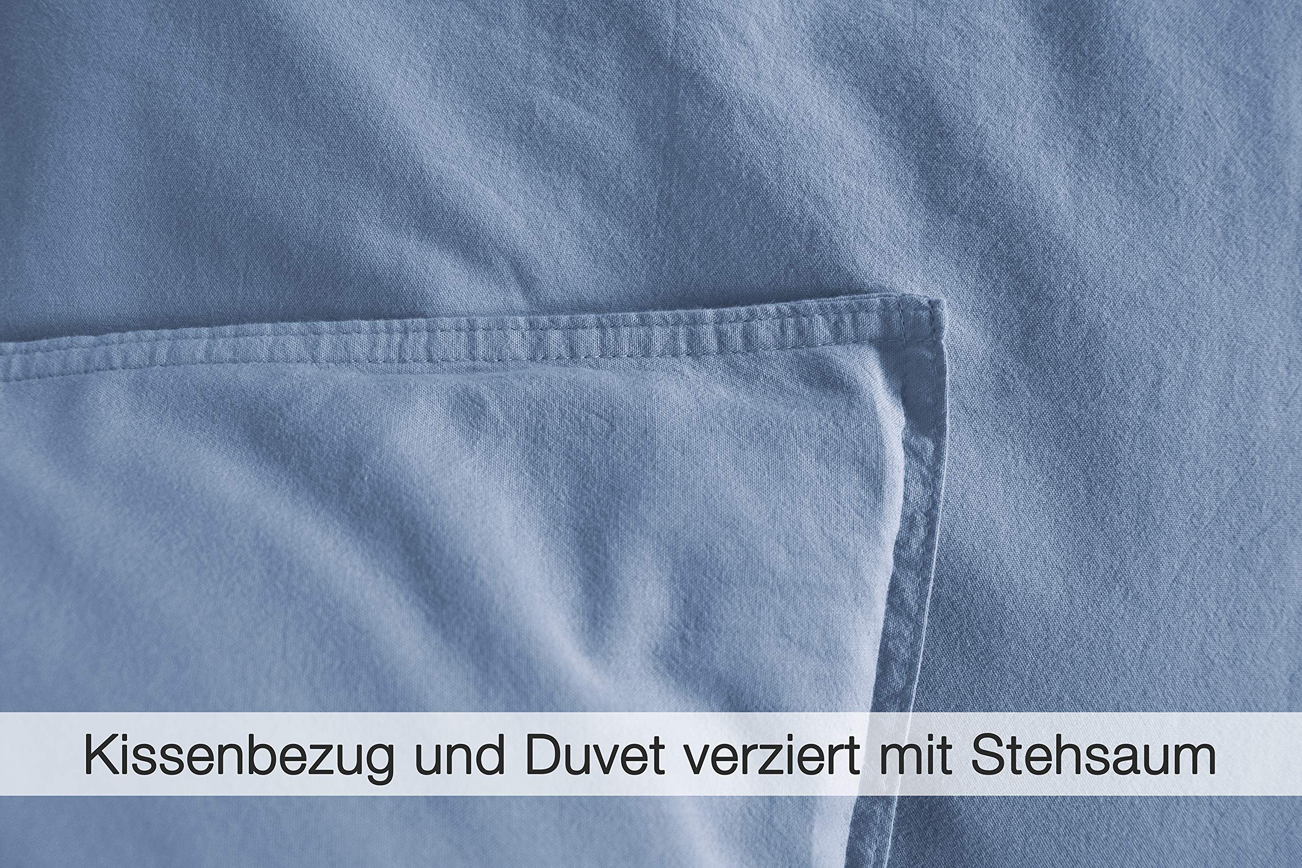 jilda-tex Bio-Bettwäsche Stone-Washed Renforce Lissabon 100% Bio-Baumwolle Knitterlook Stehsaum Bügelfrei Uni Leinen-Optik Bügelfrei GOTS Made in Green (Himmelblau, 155 x 220 cm)