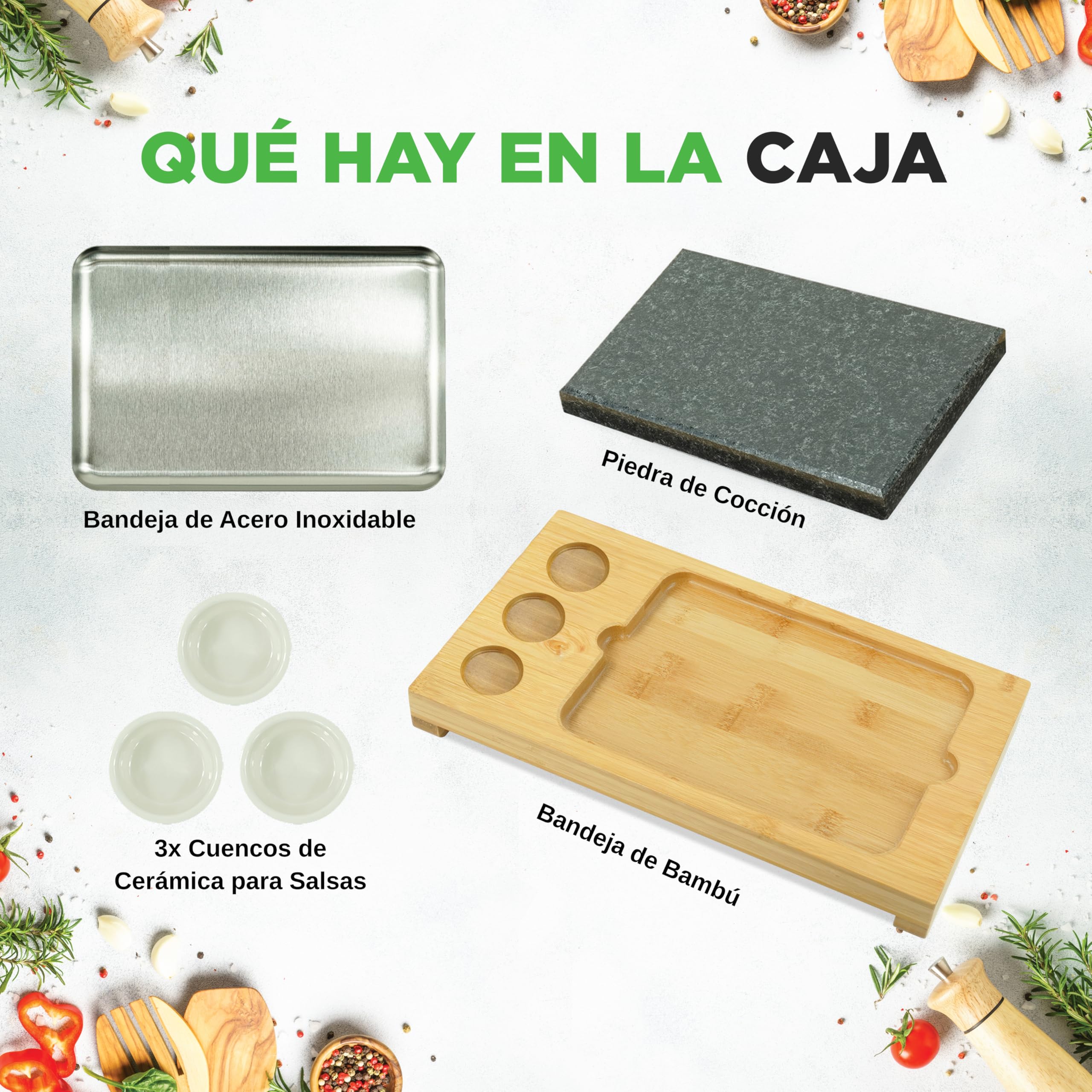 NutriChef Sizzle Juego de Cocina con Piedra Caliente – Parrilla de Mesa con Bandeja de Bambú, Cuencos de Salsa de Cerámica y Bandeja de Acero Inoxidable