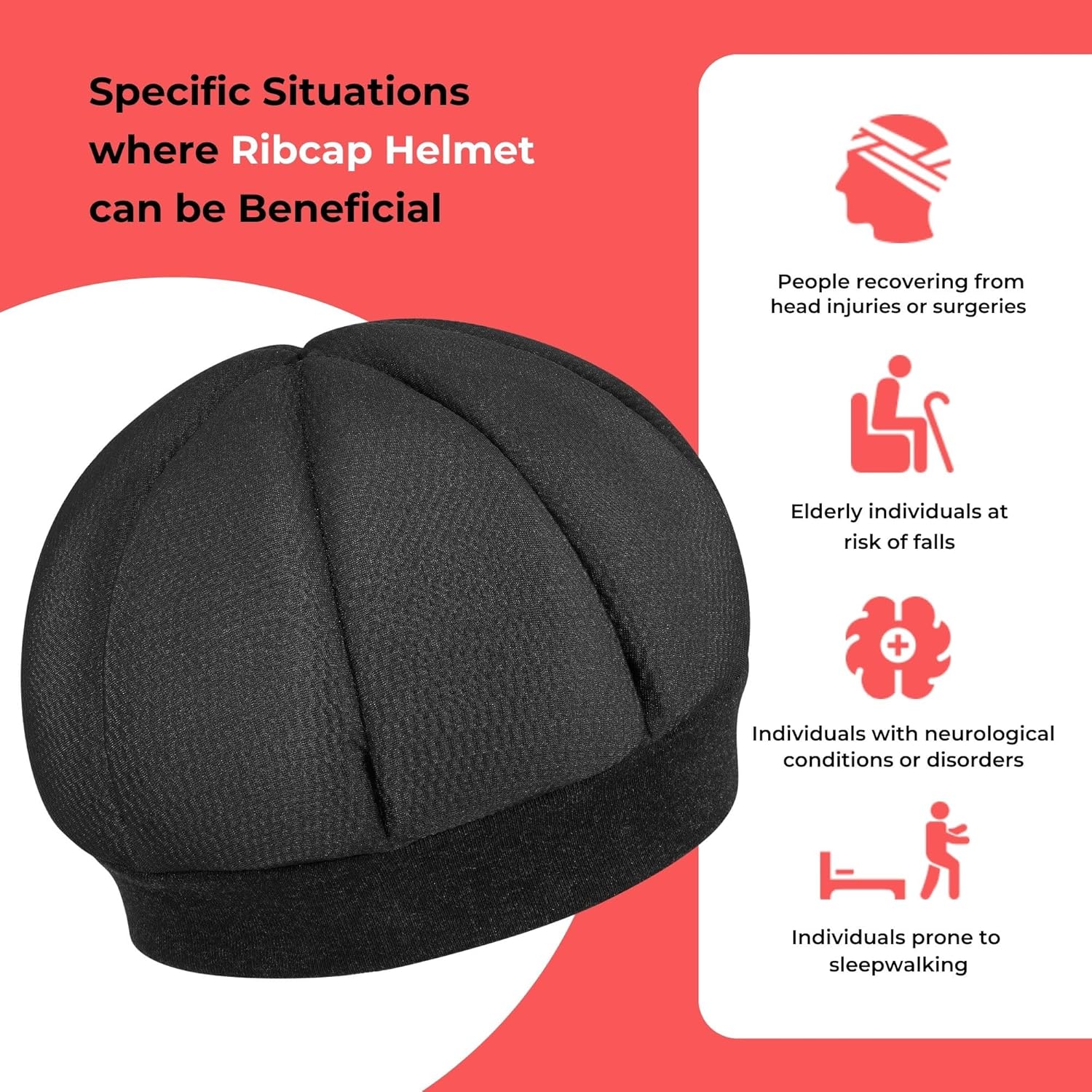Ribcap Kate Sleep Safe Cap | Black | Protective Medical Helmet for Sleep | Breathable Hypoallergenic Material | Easy to Clean