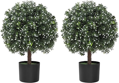 Henshan Árboles topiarios artificiales de boj para exteriores, paquete de 2 unidades, 22 pulgadas en forma de bolas, planta premontada con