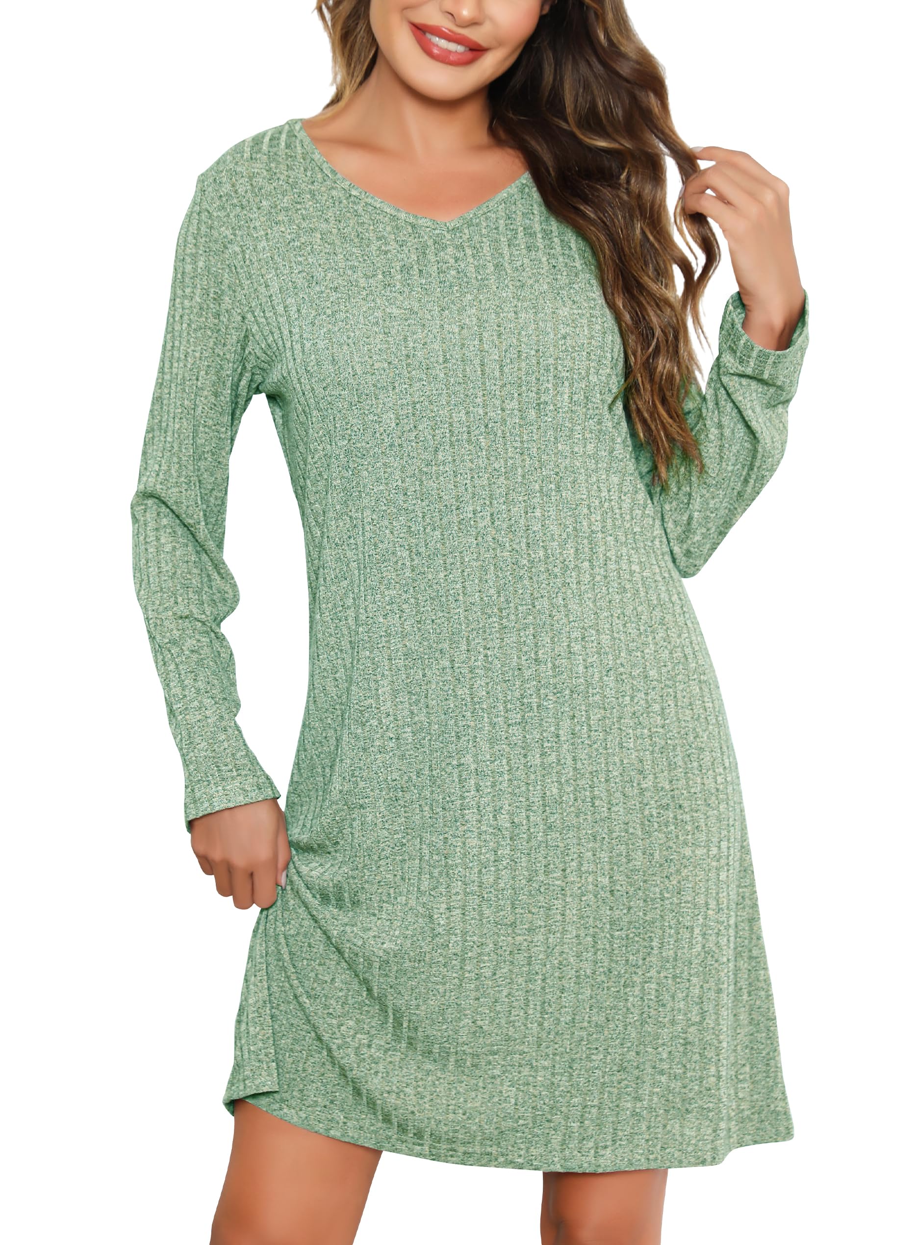 Lovasy Nachthemd Damen Langarm Schlafshirt V-Ausschnitt Rippenstrick Nachtkleid Kurz Loungewear Weich Nachtwäsche