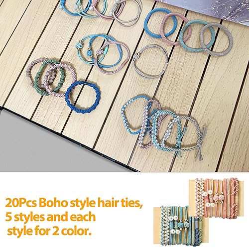 Miniatura 5 de Juego de 20 pulseras para el cabello corbatas bohemias para el cabello para mujer, 5 diseños de pulseras elegantes, lazos y pulseras versátiles de