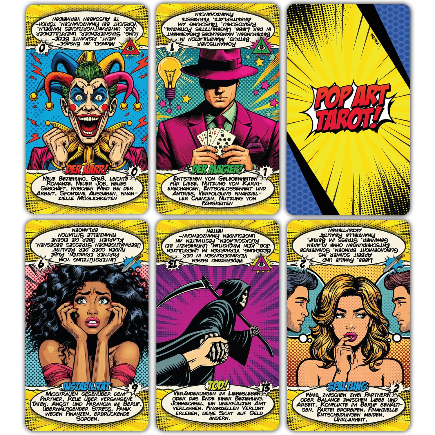 Tarotkarten Pop Art Tarot – 78 Tarot Karten Deutsch mit Bedeutungen – Magnetische Geschenkbox – 400 GSM Dicke Karten, einfache Mischung – Tarotkarten mit Buch (Deutsch)