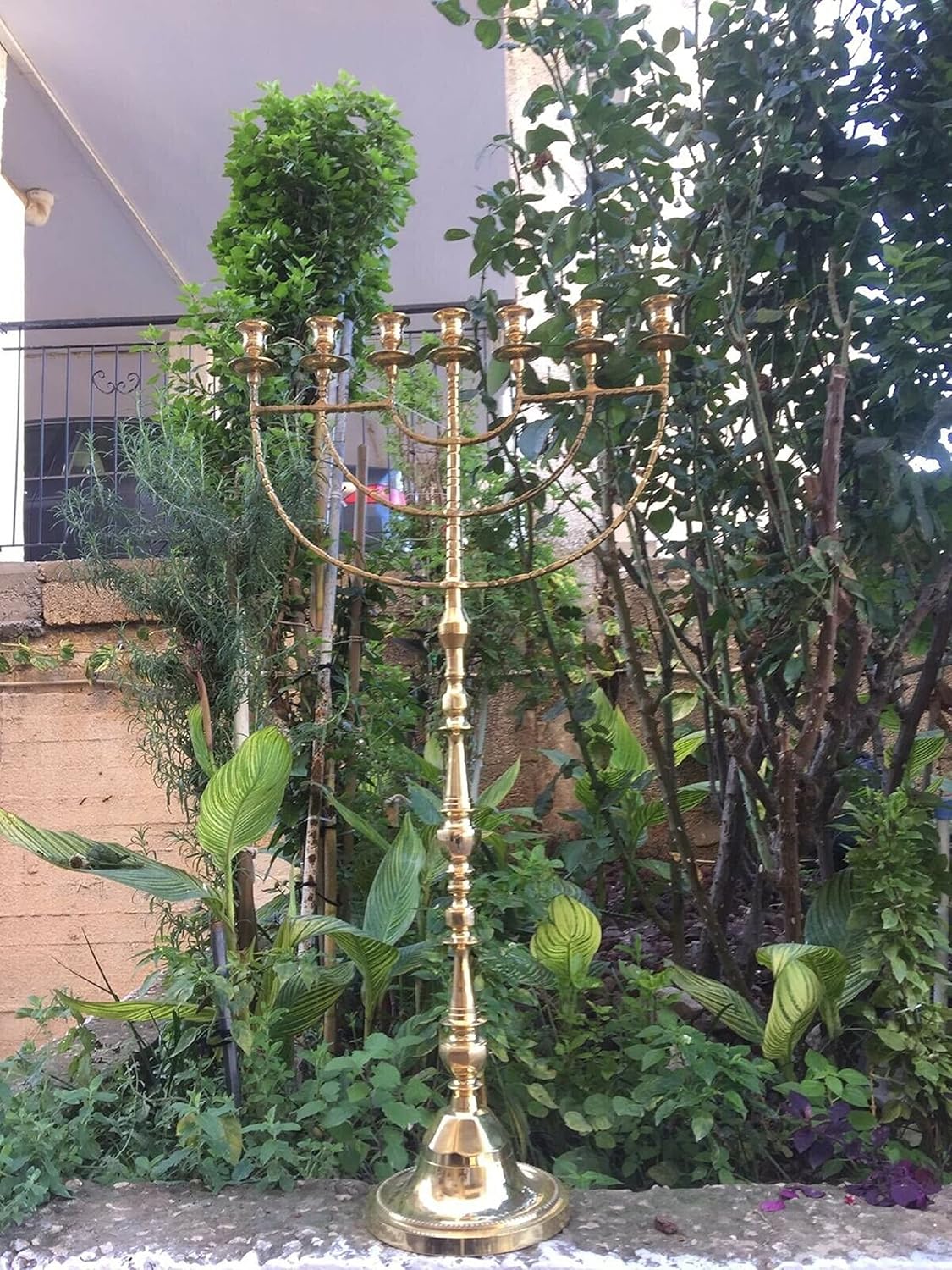 Brass Menora Traditional Candelabra | Temple Style Menorah | Large Standing Judaica Decor | 39" Tall (99cm) | Golden Finish