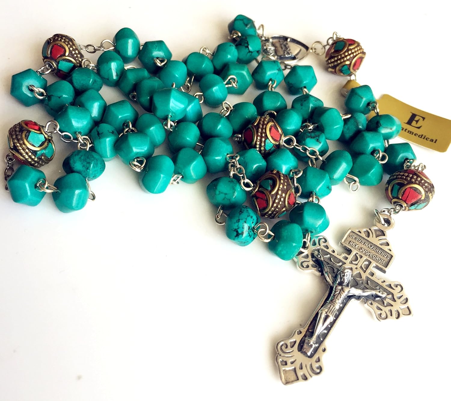 elegantmedical Turquoise TIBET COPPER BEADS STERLING 925 SILVER ROSARY NECKLACE Catholic - Image 8